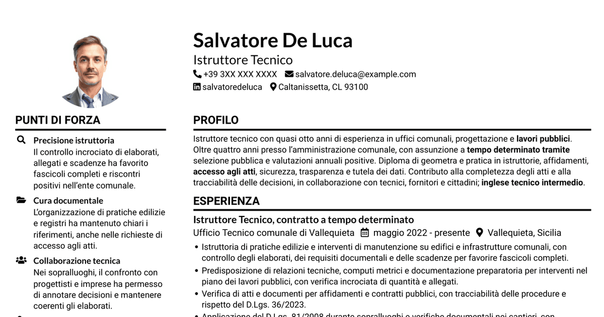 7 modelli di CV per Istruttore Tecnico - Lavori pubblici, con esempi