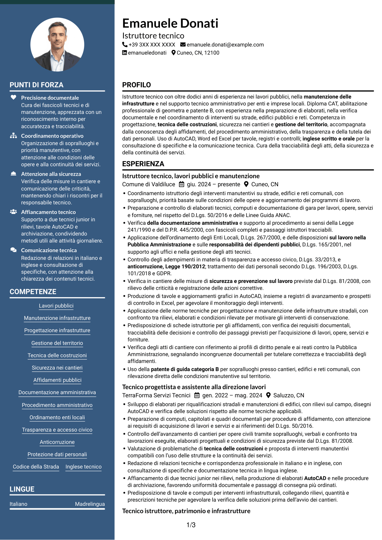 CV Elegante (formato con colonna laterale colorata e foto): Istruttore tecnico - Lavori pubblici e manutenzione, pagina 1