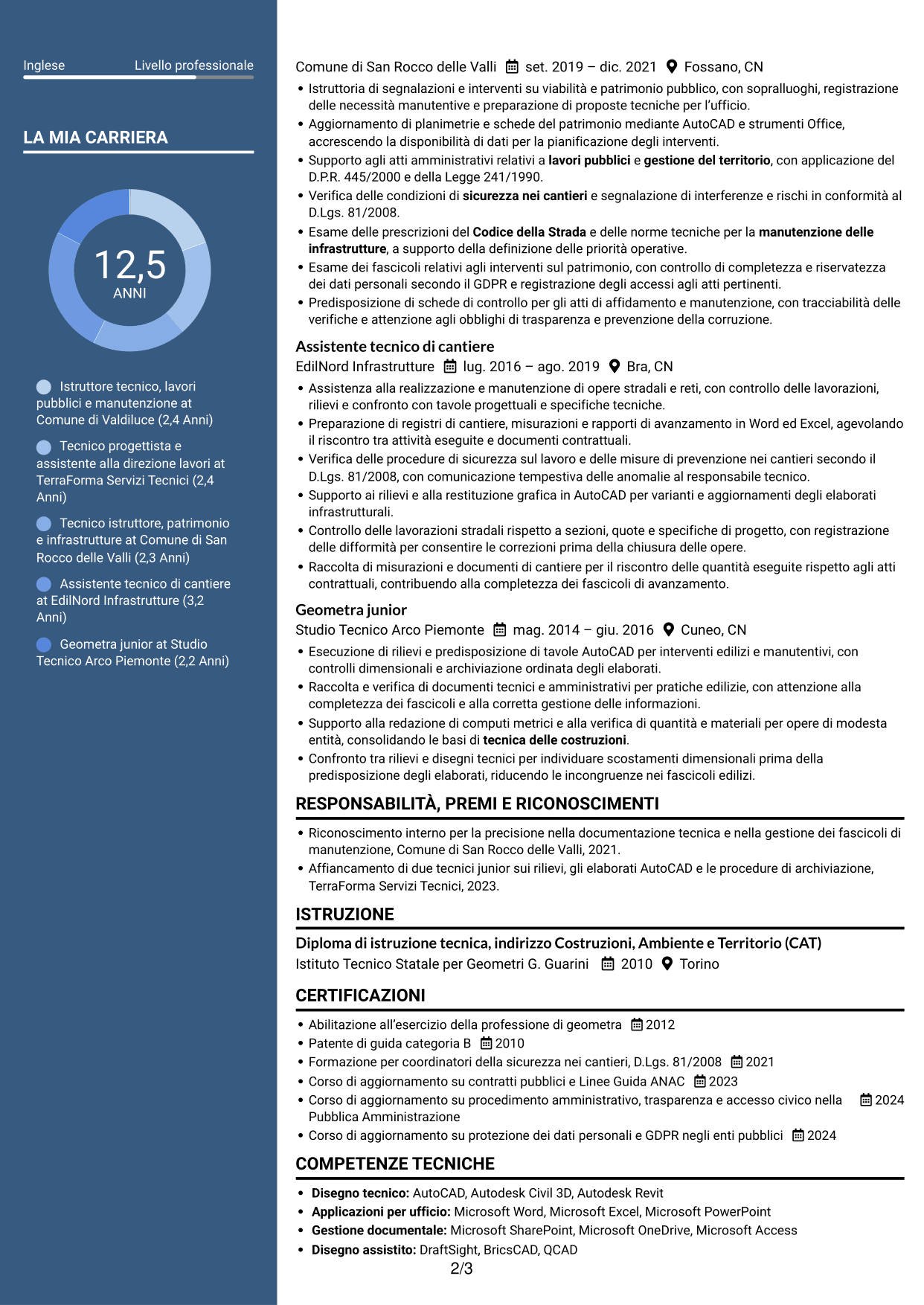CV Elegante (formato con colonna laterale colorata e foto): Istruttore tecnico - Lavori pubblici e manutenzione, pagina 2