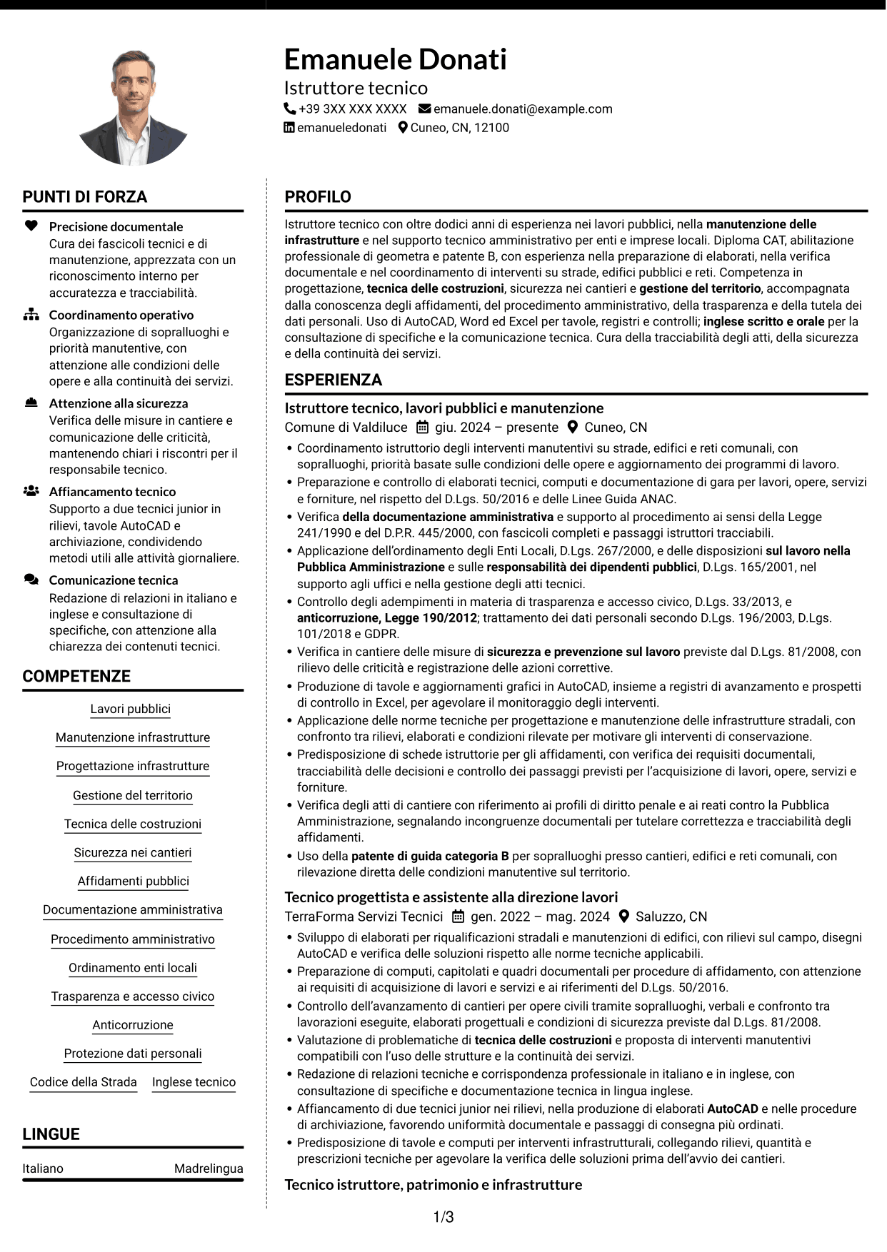 CV Moderno (formato a due colonne con foto a sinistra e separatore): Istruttore tecnico - Lavori pubblici e manutenzione, pagina 1