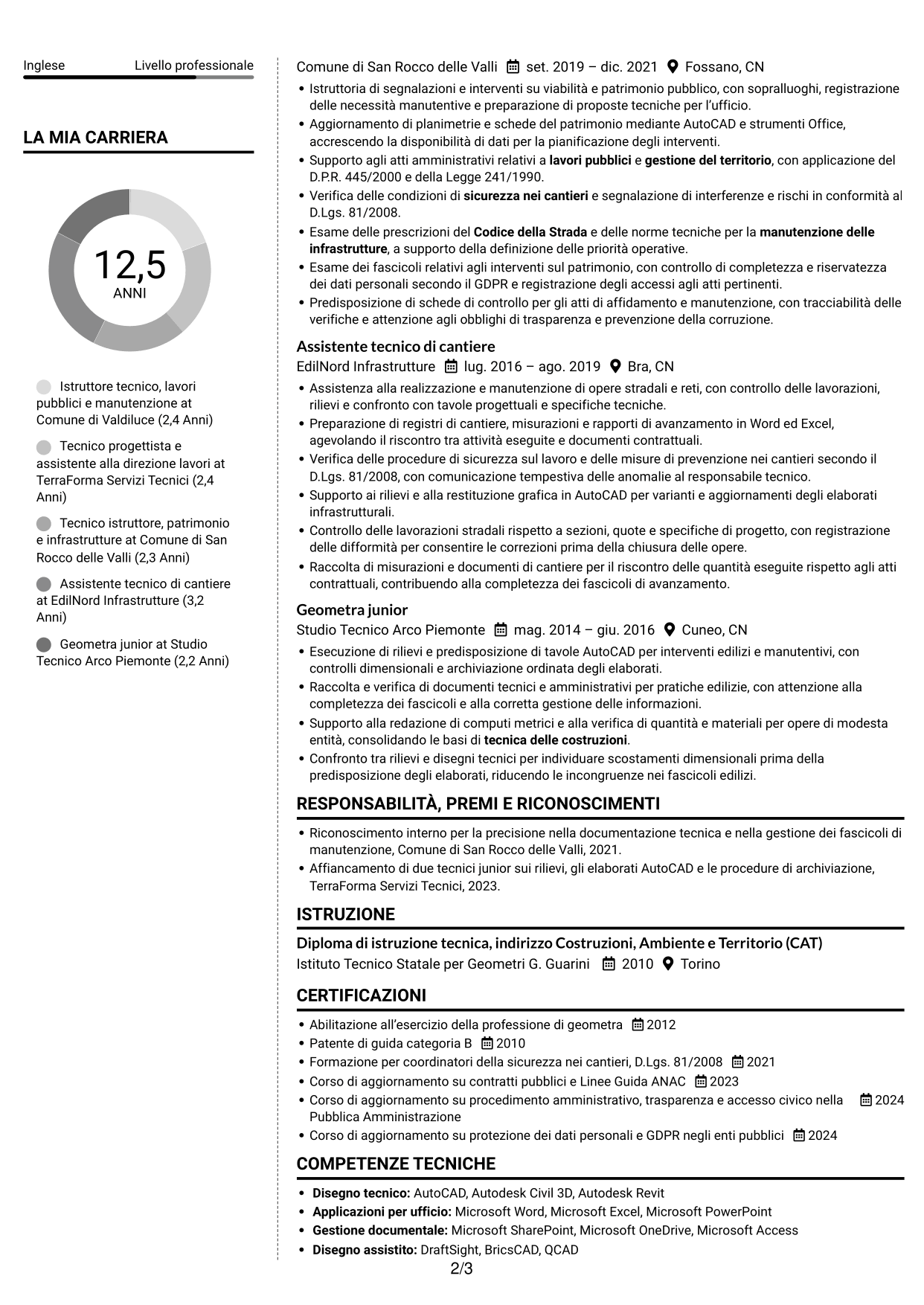 CV Moderno (formato a due colonne con foto a sinistra e separatore): Istruttore tecnico - Lavori pubblici e manutenzione, pagina 2