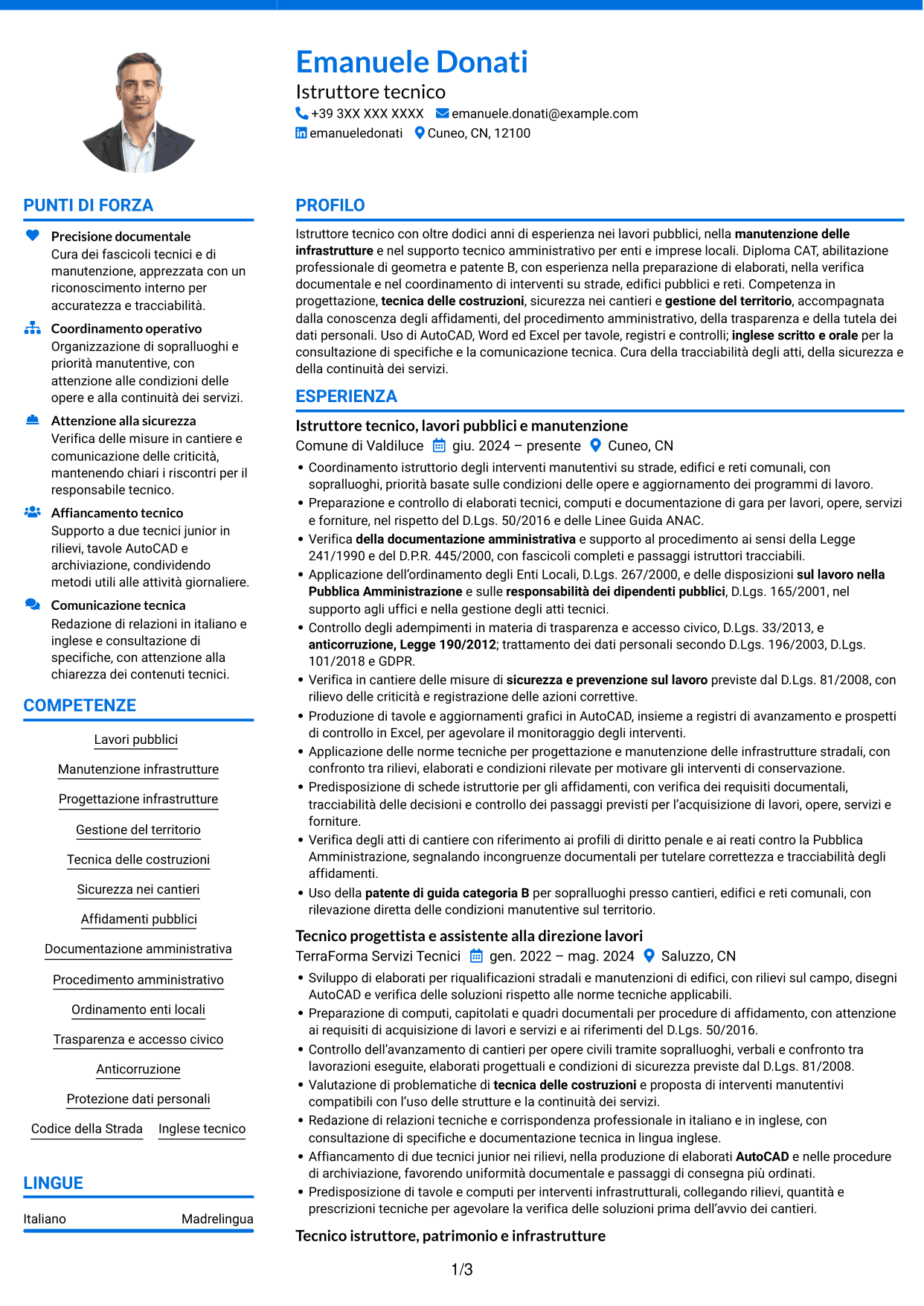 CV Audace (formato a due colonne con accenti colorati e foto): Istruttore tecnico - Lavori pubblici e manutenzione, pagina 1