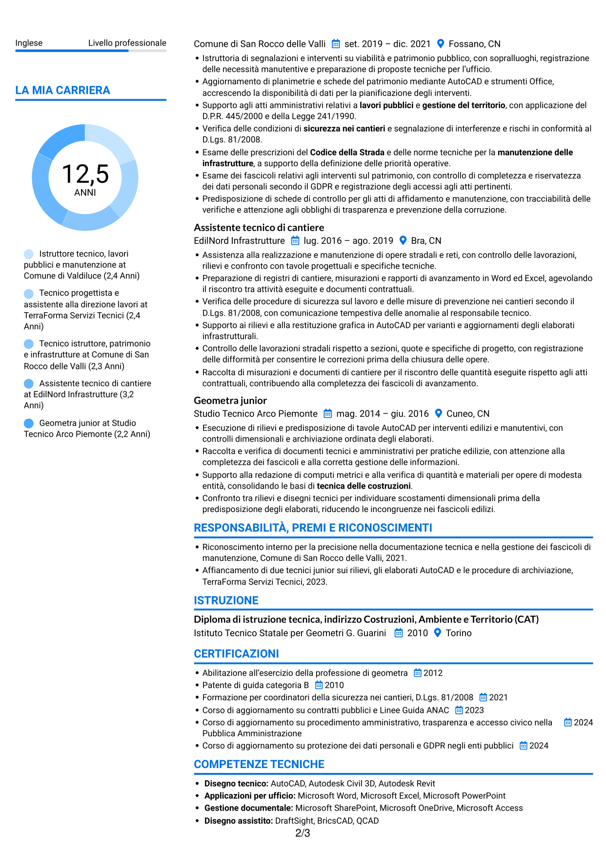 CV Audace (formato a due colonne con accenti colorati e foto): Istruttore tecnico - Lavori pubblici e manutenzione, pagina 2