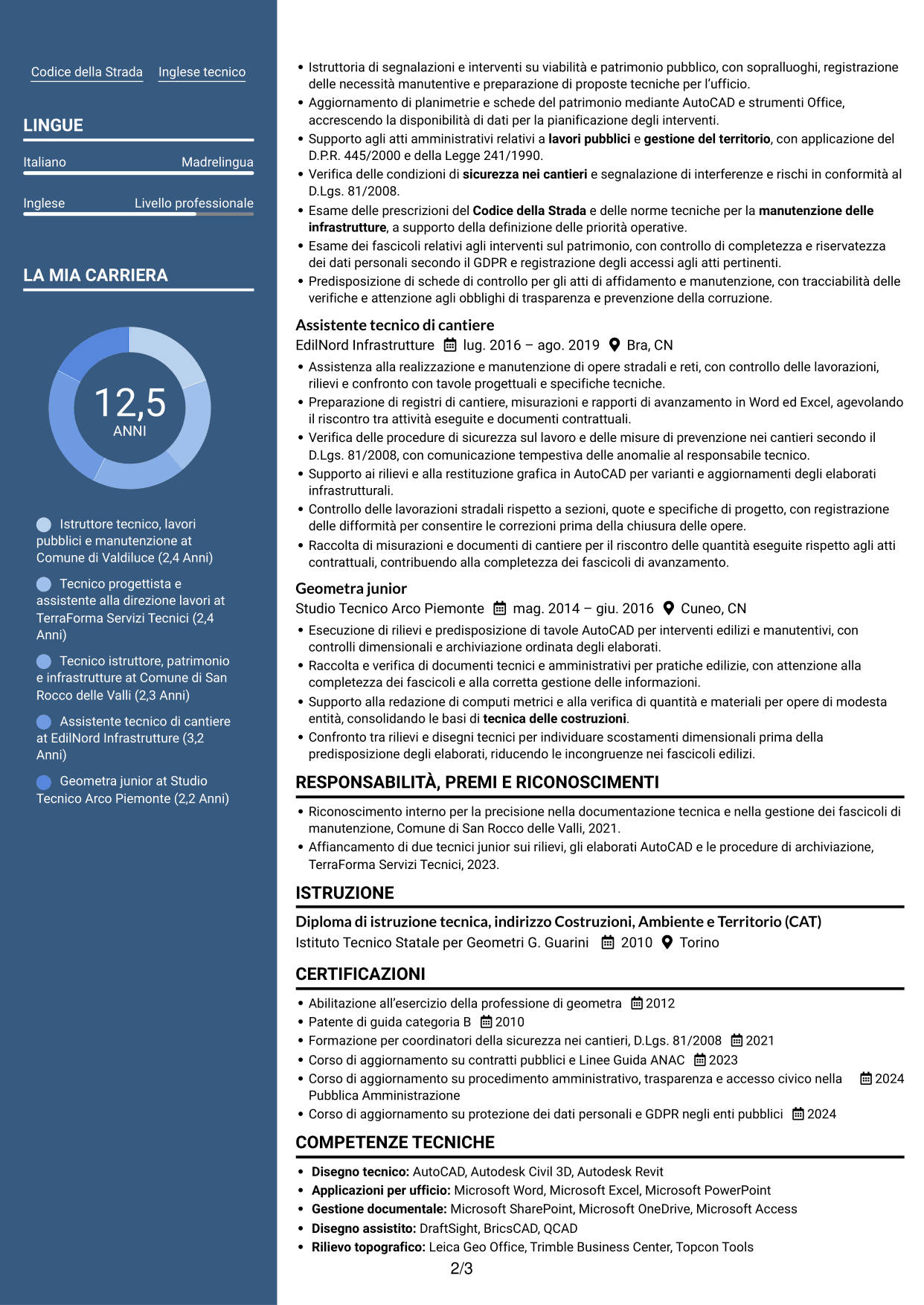 CV Signature (formato con colonna laterale colorata e foto grande): Istruttore tecnico - Lavori pubblici e manutenzione, pagina 2