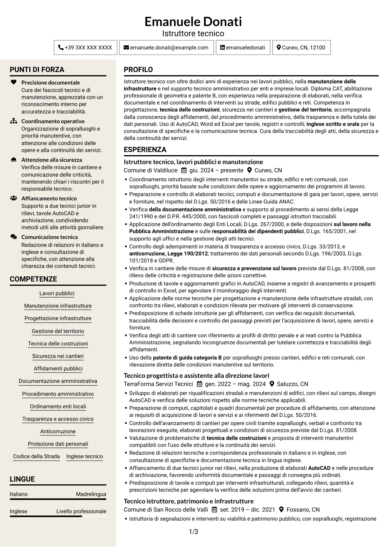 CV Intraprendente (formato a due colonne con intestazione centrata senza foto): Istruttore tecnico - Lavori pubblici e manutenzione, pagina 1