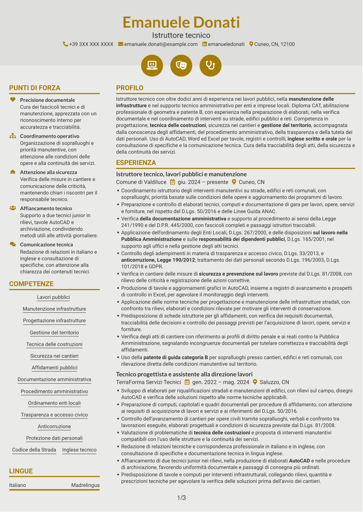 CV Dinamico (formato a due colonne con icone): Istruttore tecnico - Lavori pubblici e manutenzione, pagina 1