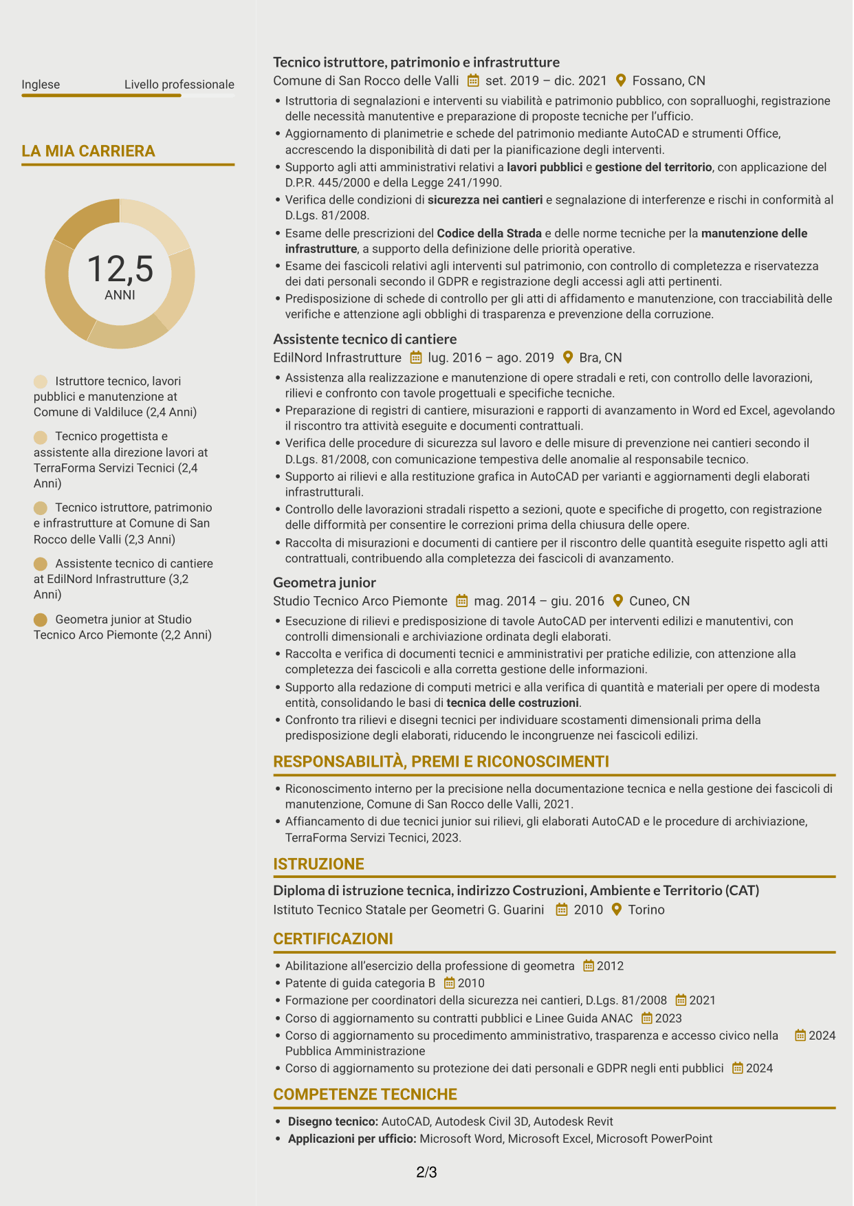 CV Dinamico (formato a due colonne con icone): Istruttore tecnico - Lavori pubblici e manutenzione, pagina 2