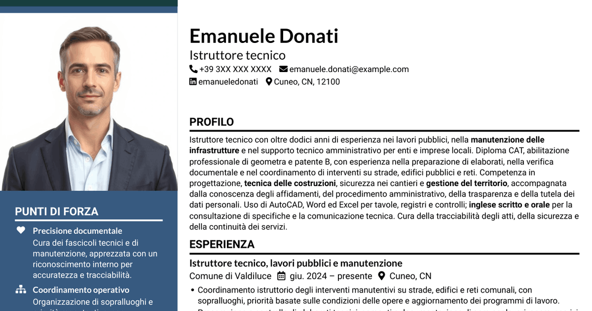 7 modelli di CV per Istruttore tecnico - Lavori pubblici e manutenzione, con esempi