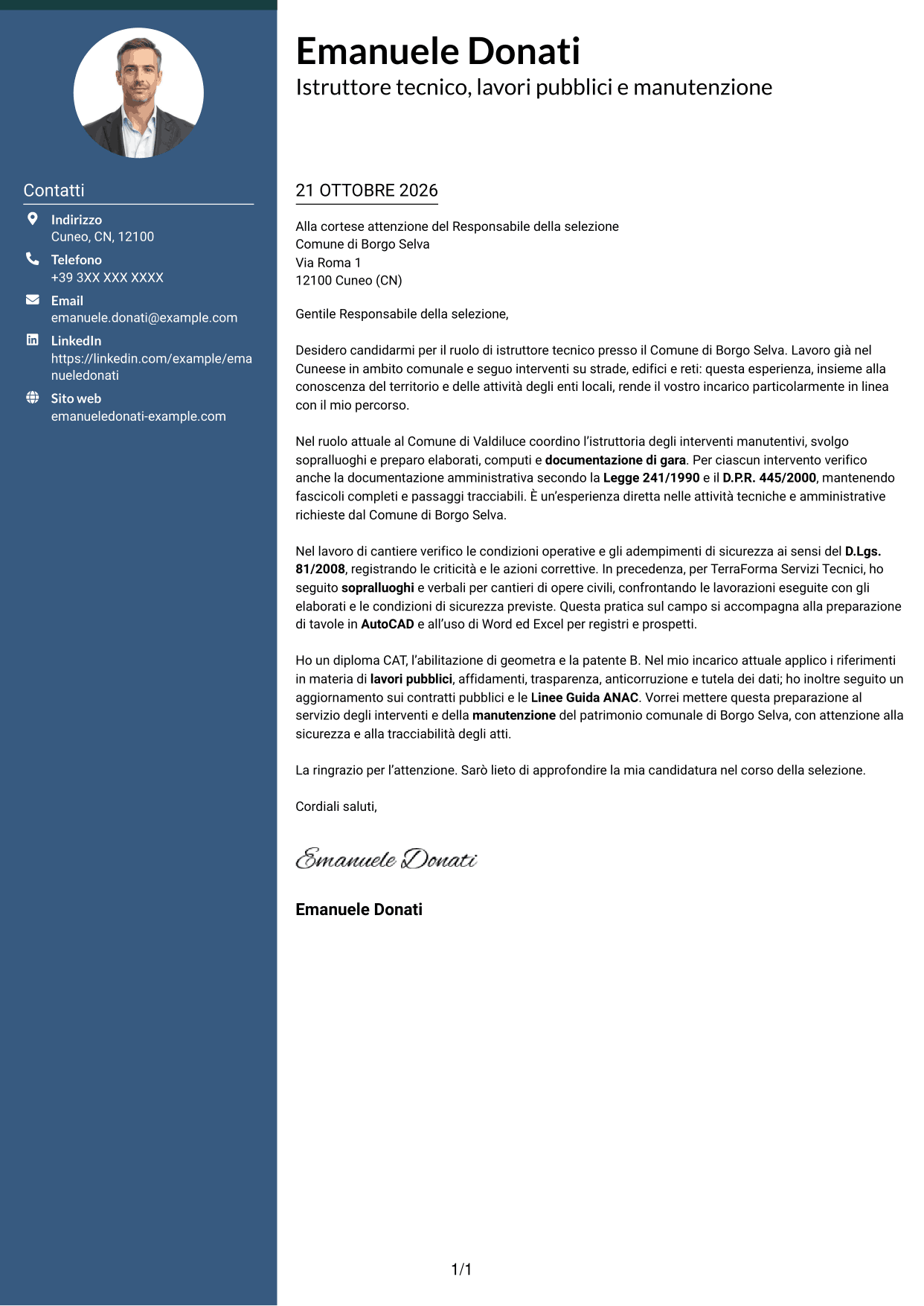 Lettera di presentazione Elegante (formato con colonna laterale colorata e foto): Istruttore tecnico - Lavori pubblici e manutenzione, pagina 1