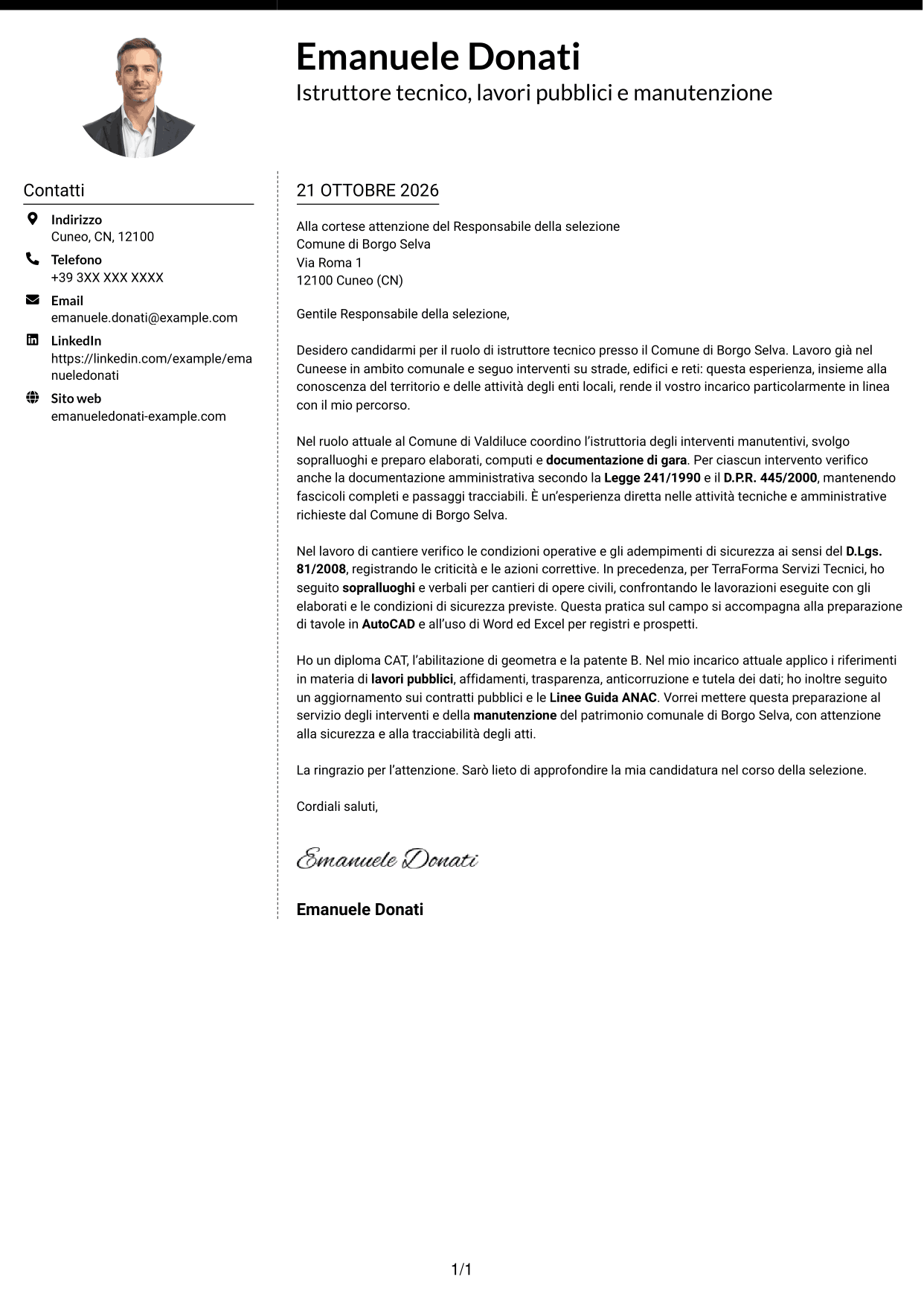 Lettera di presentazione Moderno (formato a due colonne con foto a sinistra e separatore): Istruttore tecnico - Lavori pubblici e manutenzione, pagina 1