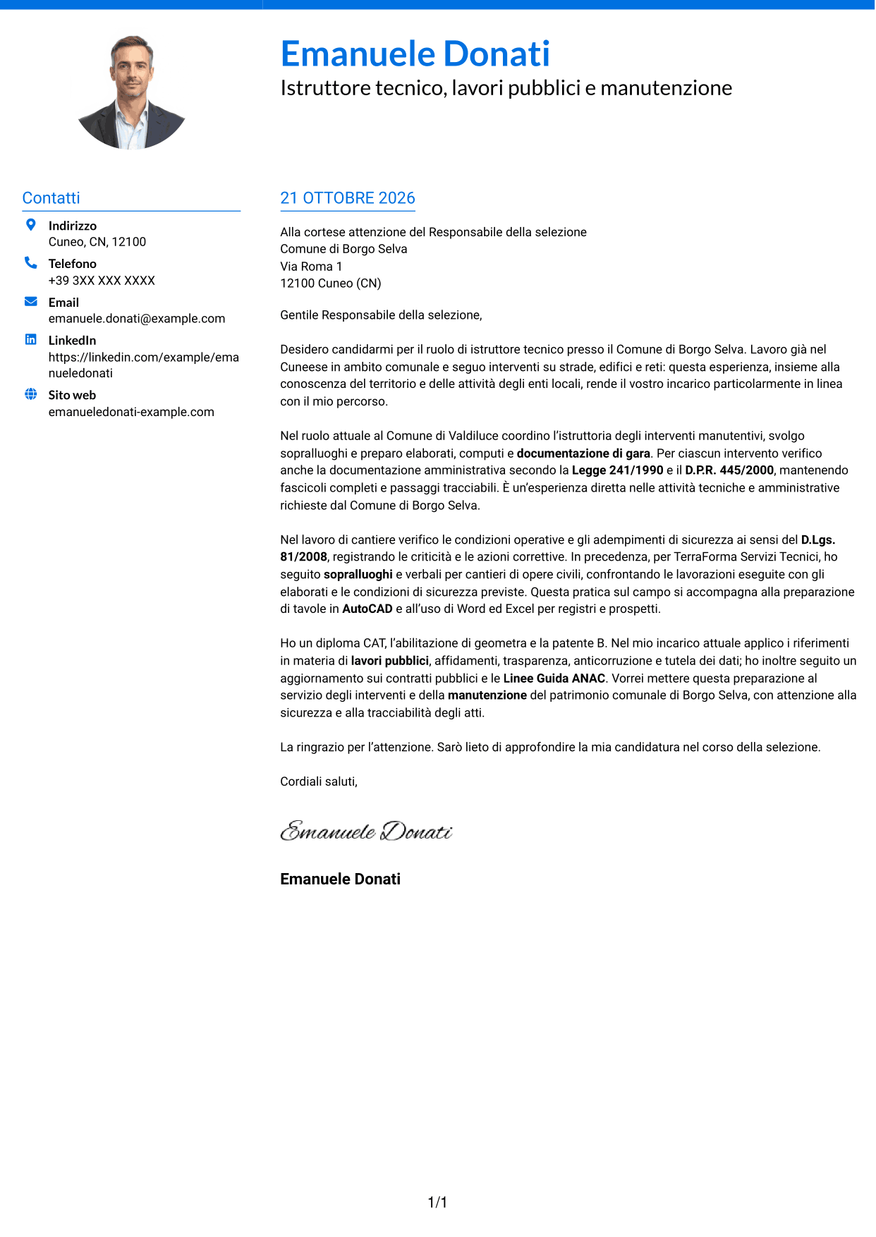Lettera di presentazione Audace (formato a due colonne con accenti colorati e foto): Istruttore tecnico - Lavori pubblici e manutenzione, pagina 1