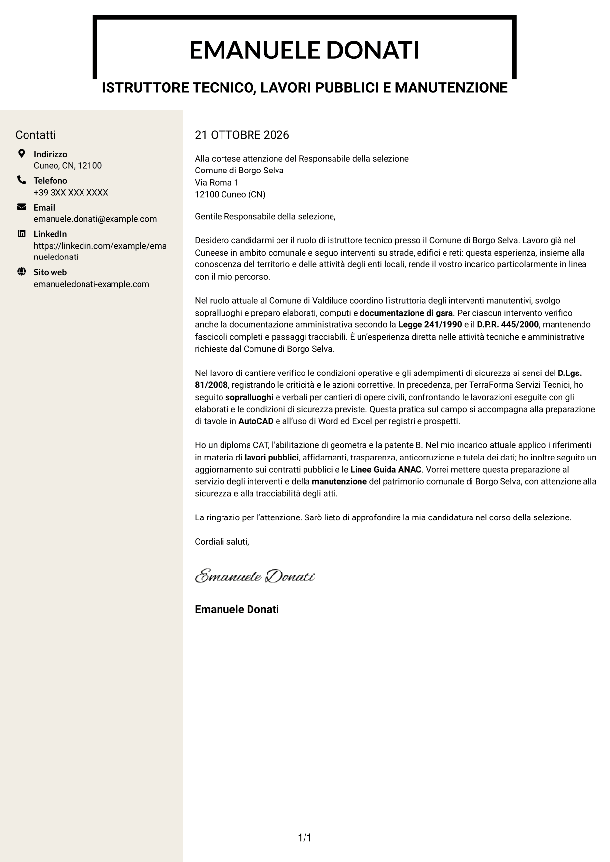 Lettera di presentazione Intraprendente (formato a due colonne con intestazione centrata senza foto): Istruttore tecnico - Lavori pubblici e manutenzione, pagina 1