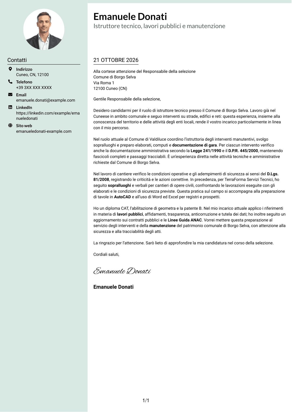 Lettera di presentazione Dirigente (formato con colonna laterale tenue e foto arrotondata): Istruttore tecnico - Lavori pubblici e manutenzione, pagina 1