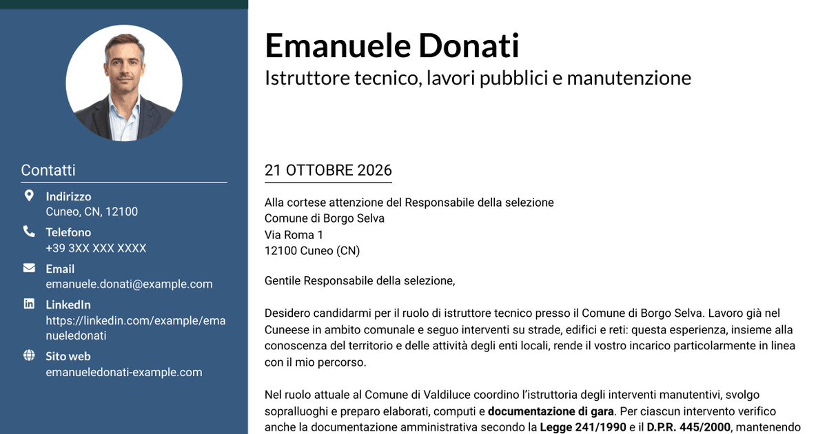 7 modelli di lettera di presentazione per Istruttore tecnico - Lavori pubblici e manutenzione, con esempi