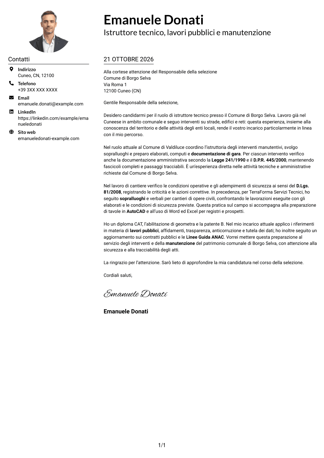 Esempio di lettera di presentazione — pagina 1