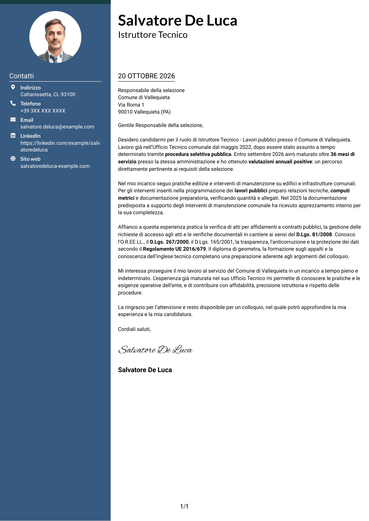 Lettera di presentazione Elegante (formato con colonna laterale colorata e foto): Istruttore Tecnico - Lavori pubblici, pagina 1