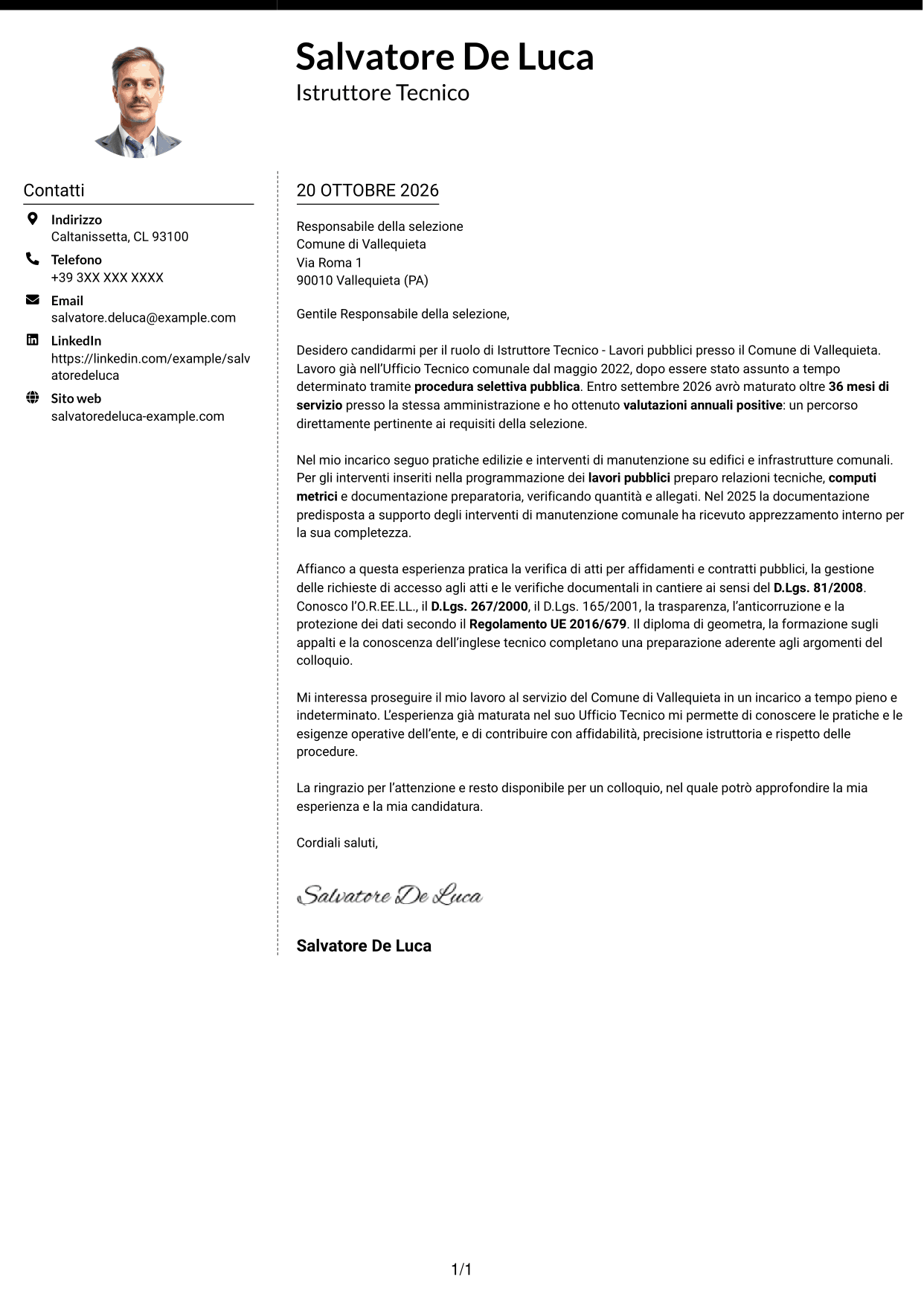 Lettera di presentazione Moderno (formato a due colonne con foto a sinistra e separatore): Istruttore Tecnico - Lavori pubblici, pagina 1