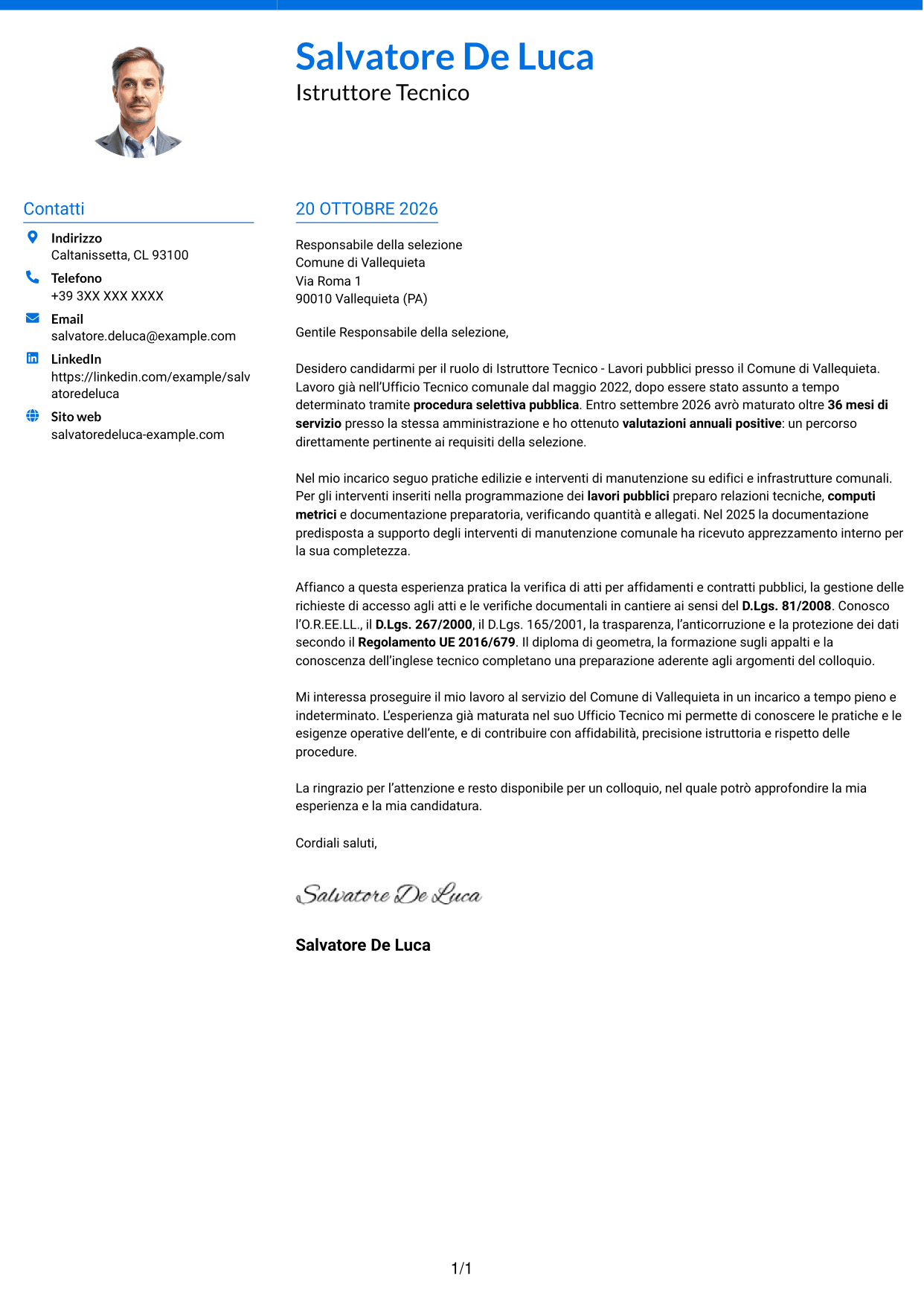 Lettera di presentazione Audace (formato a due colonne con accenti colorati e foto): Istruttore Tecnico - Lavori pubblici, pagina 1