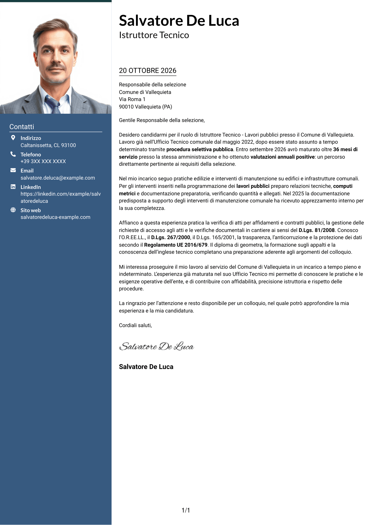 Lettera di presentazione Signature (formato con colonna laterale colorata e foto grande): Istruttore Tecnico - Lavori pubblici, pagina 1