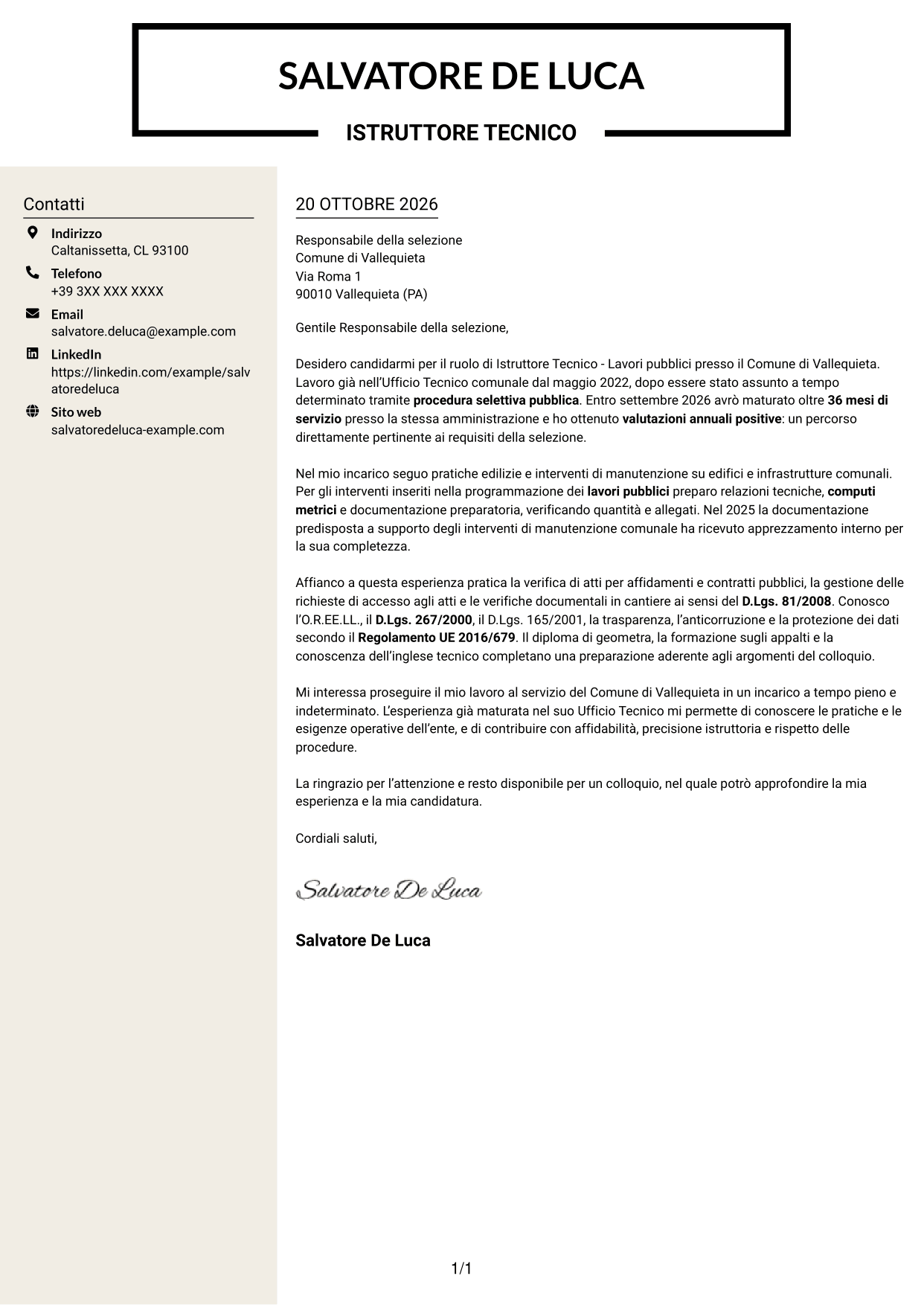 Lettera di presentazione Intraprendente (formato a due colonne con intestazione centrata senza foto): Istruttore Tecnico - Lavori pubblici, pagina 1