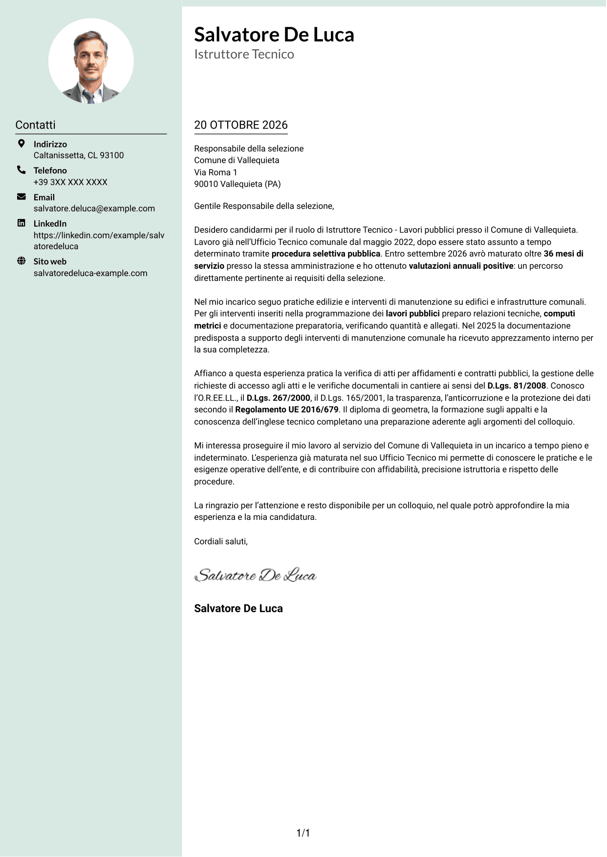 Lettera di presentazione Dirigente (formato con colonna laterale tenue e foto arrotondata): Istruttore Tecnico - Lavori pubblici, pagina 1