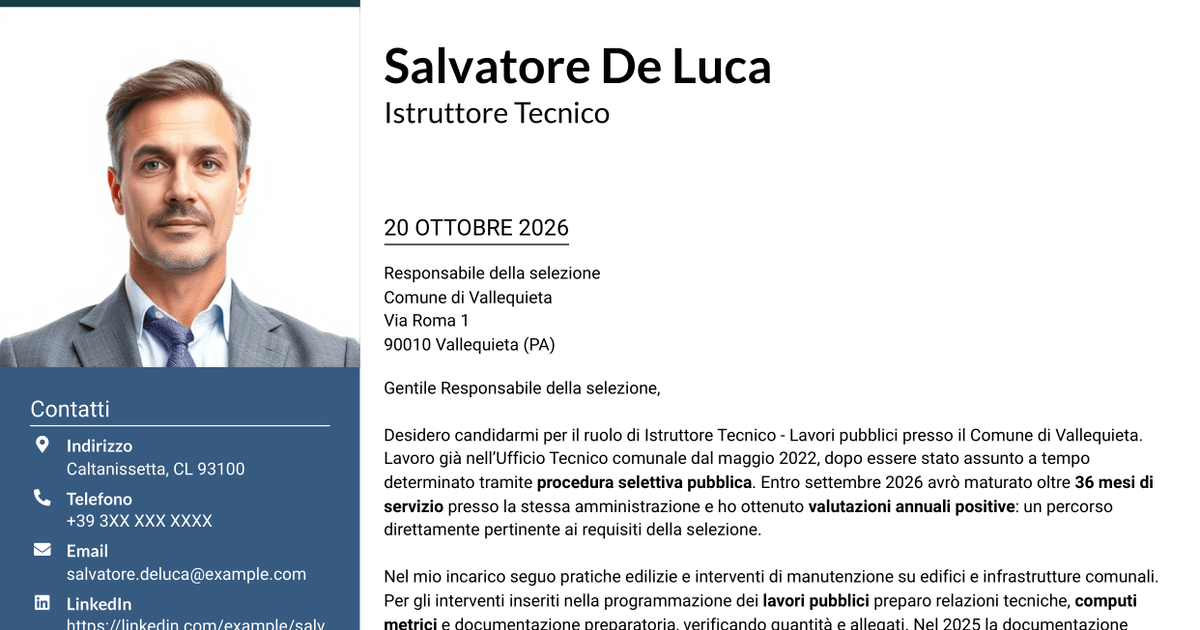 7 modelli di lettera di presentazione per Istruttore Tecnico - Lavori pubblici, con esempi