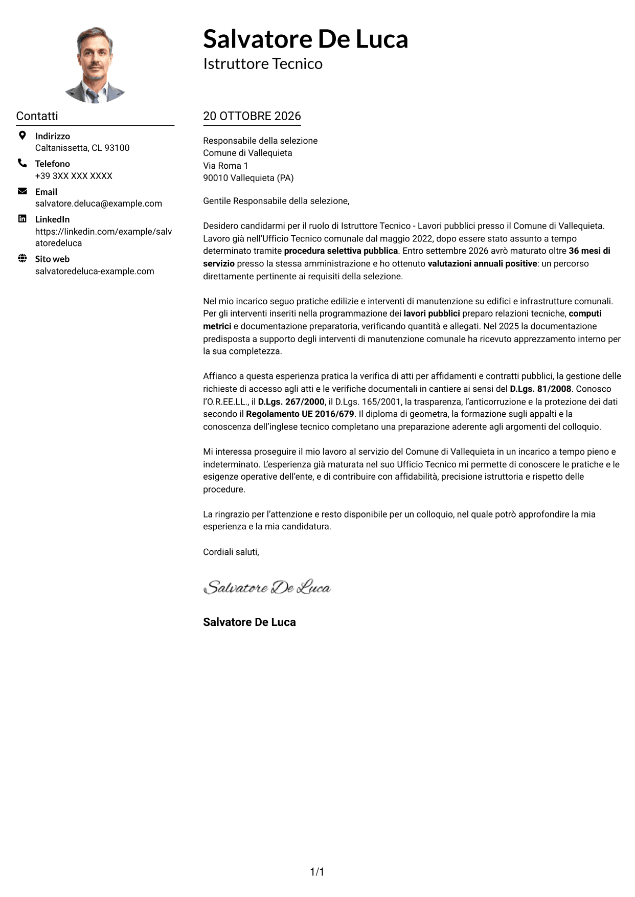 Esempio di lettera di presentazione — pagina 1