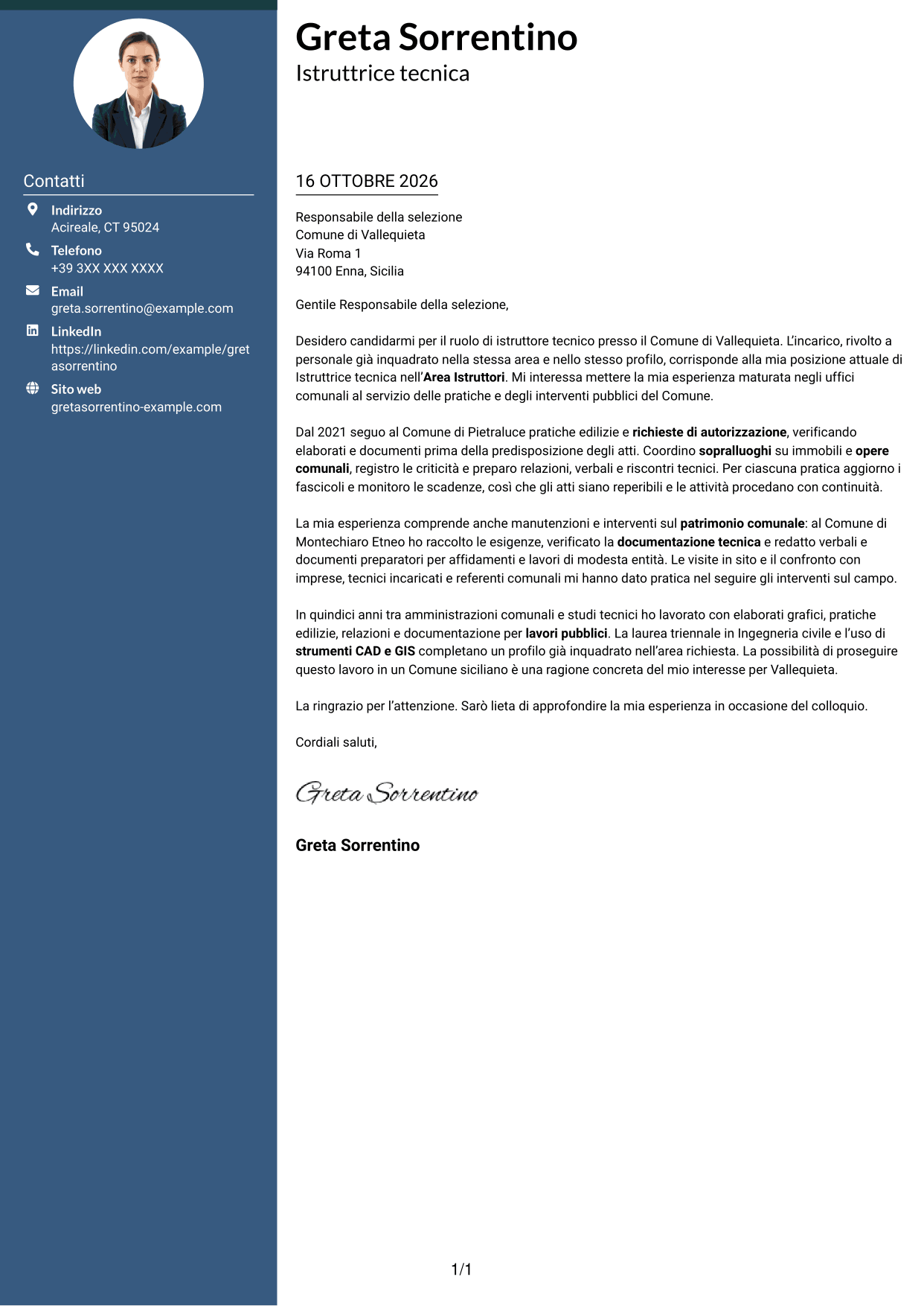 Lettera di presentazione Elegante (formato con colonna laterale colorata e foto): Istruttore tecnico, pagina 1