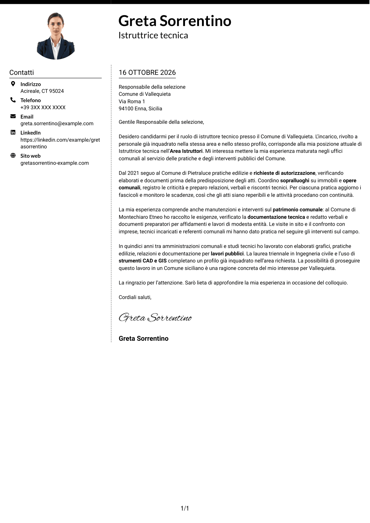 Lettera di presentazione Moderno (formato a due colonne con foto a sinistra e separatore): Istruttore tecnico, pagina 1