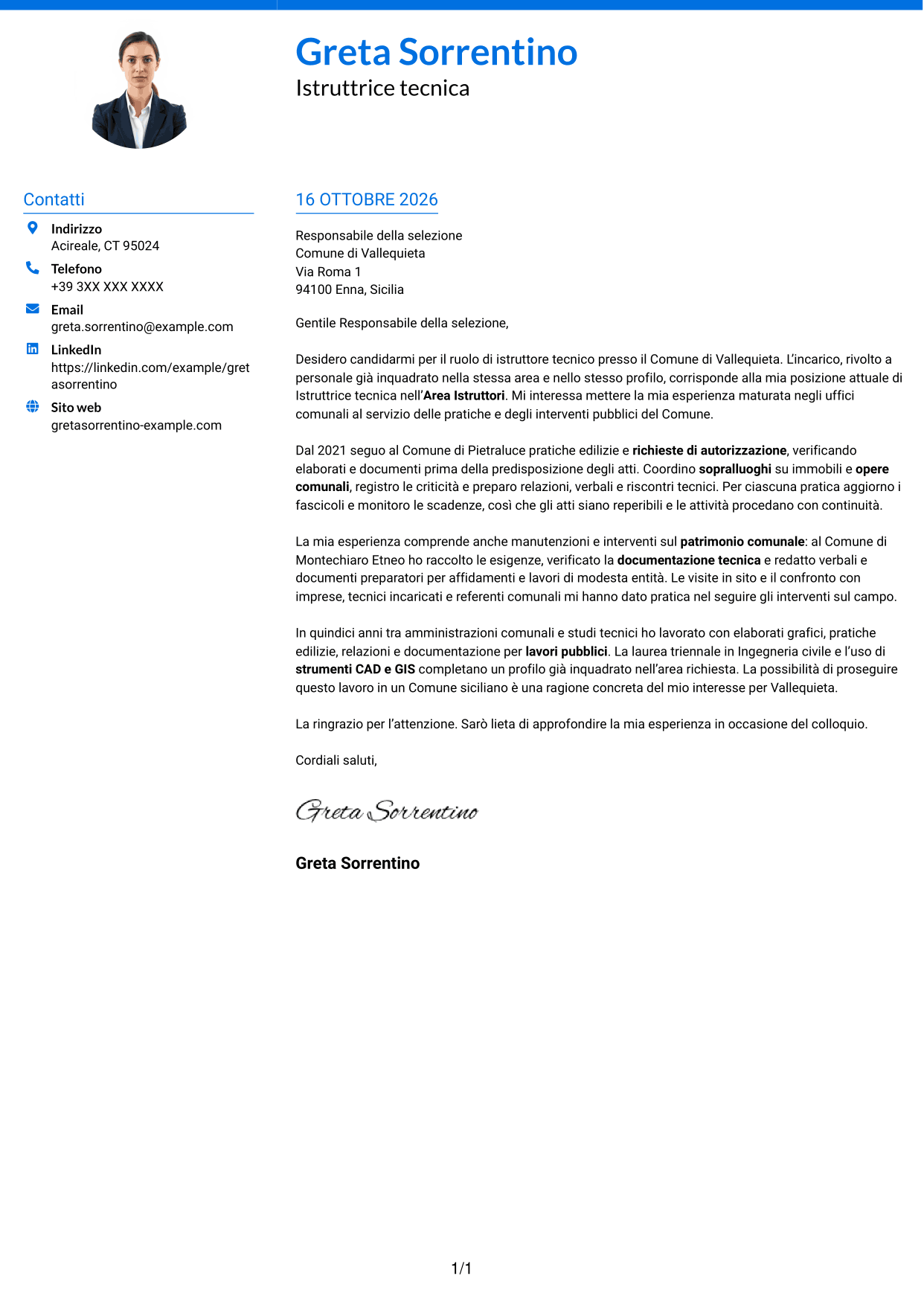 Lettera di presentazione Audace (formato a due colonne con accenti colorati e foto): Istruttore tecnico, pagina 1