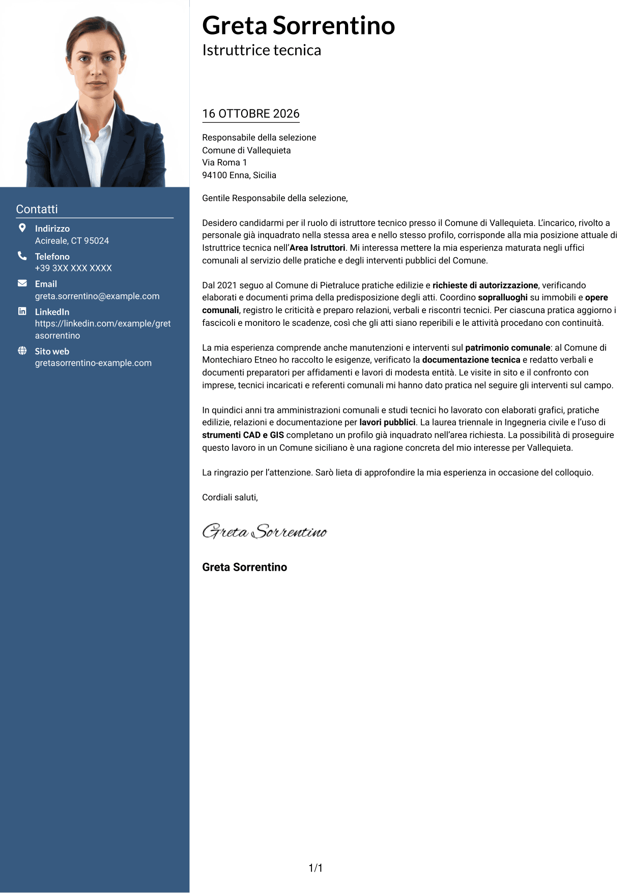 Lettera di presentazione Signature (formato con colonna laterale colorata e foto grande): Istruttore tecnico, pagina 1