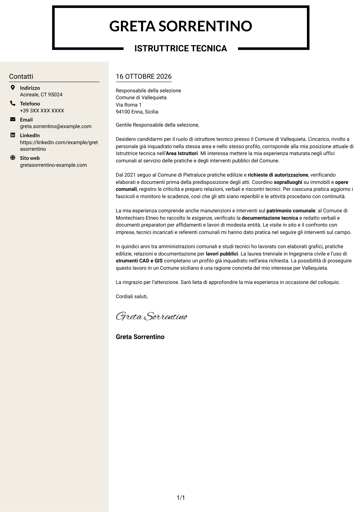 Lettera di presentazione Intraprendente (formato a due colonne con intestazione centrata senza foto): Istruttore tecnico, pagina 1