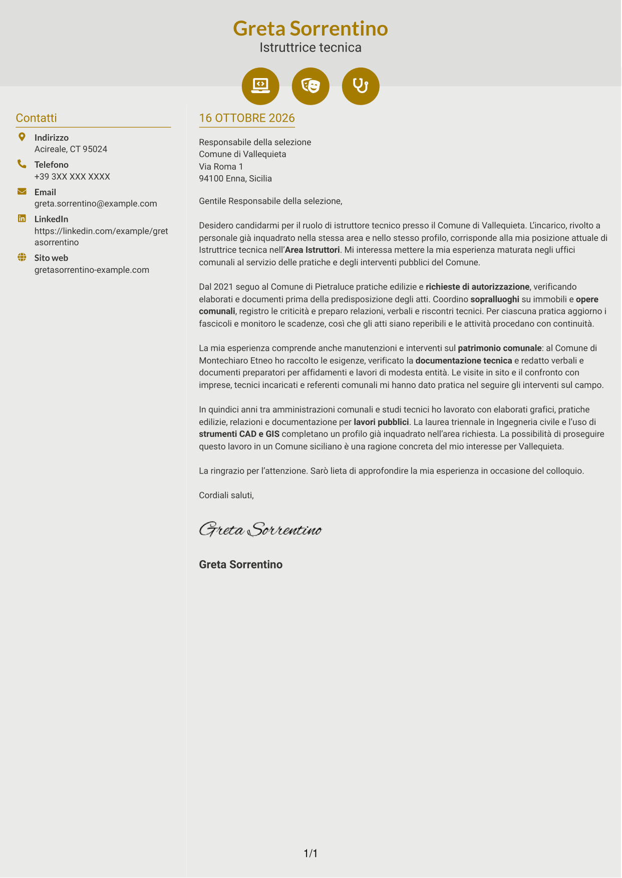 Lettera di presentazione Dinamico (formato a due colonne con icone): Istruttore tecnico, pagina 1