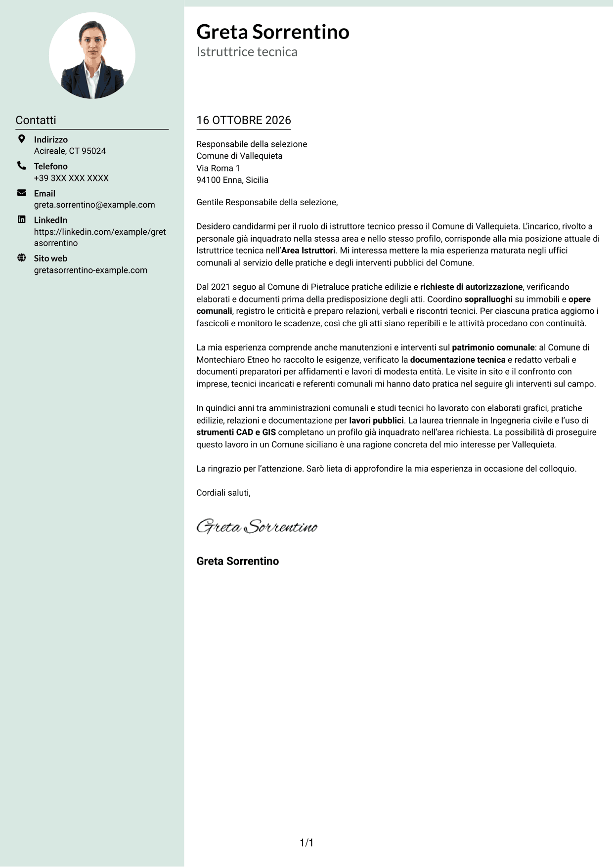 Lettera di presentazione Dirigente (formato con colonna laterale tenue e foto arrotondata): Istruttore tecnico, pagina 1