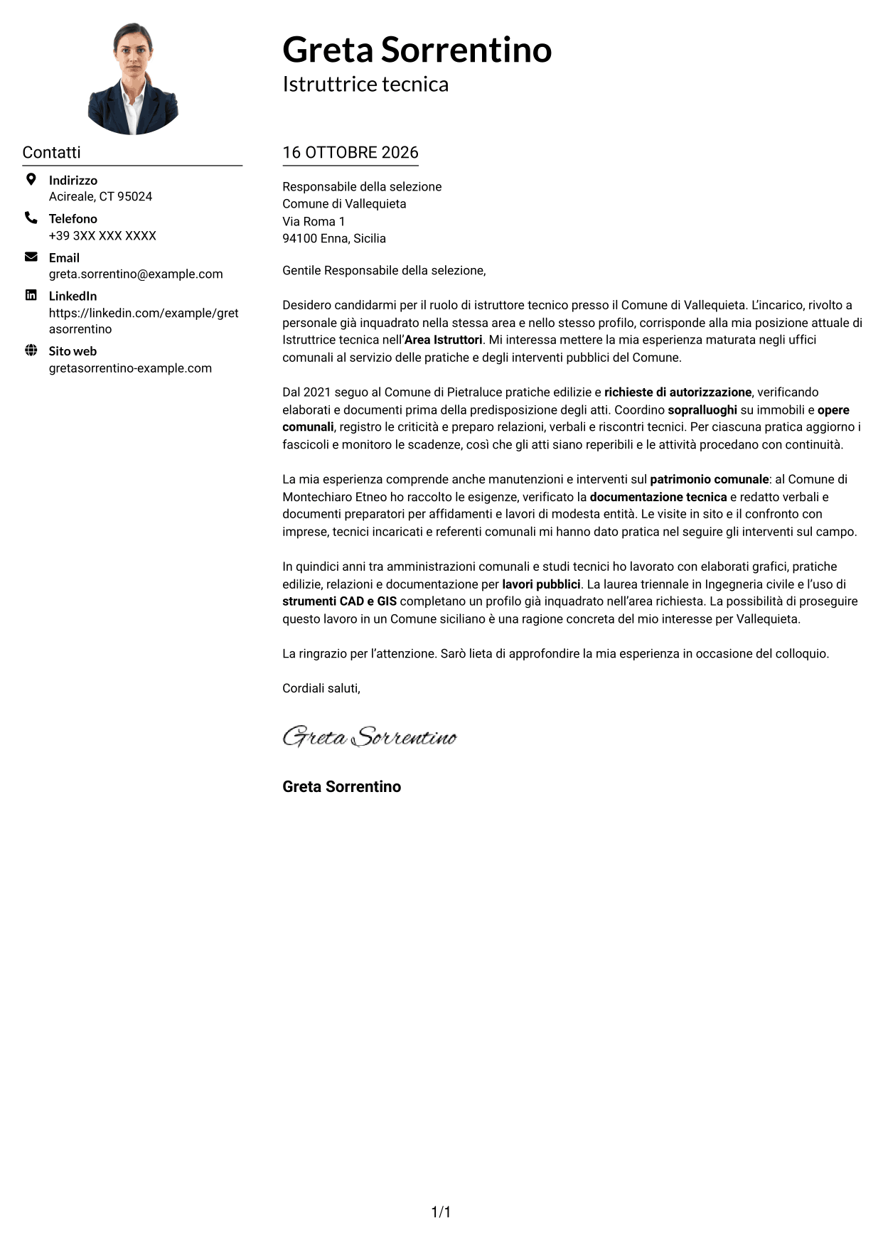 Esempio di lettera di presentazione — pagina 1