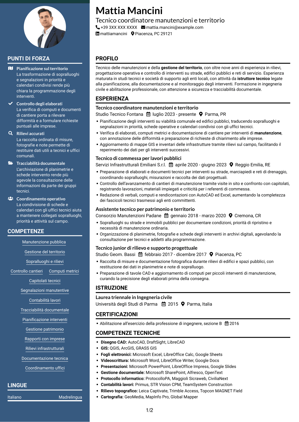 CV Elegante (formato con colonna laterale colorata e foto): Istruttore tecnico - Manutenzioni e gestione del territorio, pagina 1