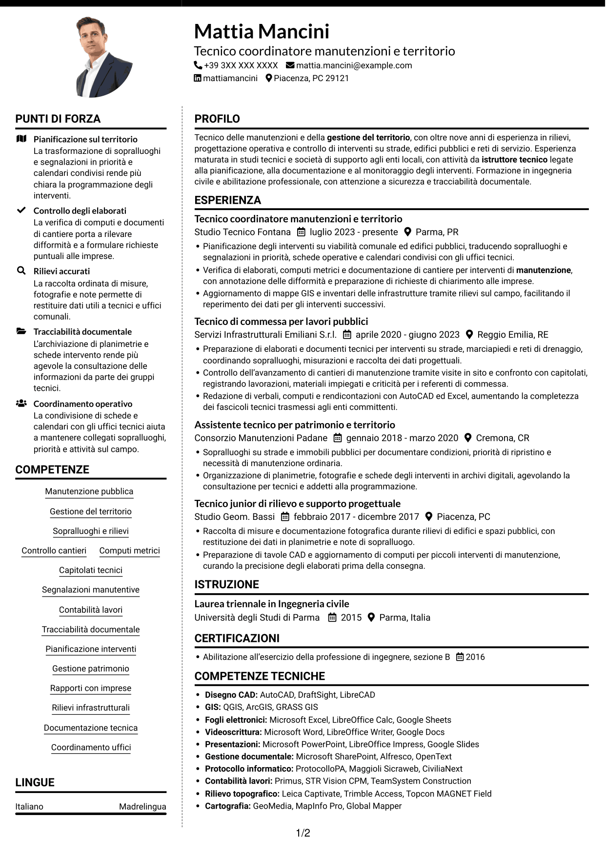 CV Moderno (formato a due colonne con foto a sinistra e separatore): Istruttore tecnico - Manutenzioni e gestione del territorio, pagina 1