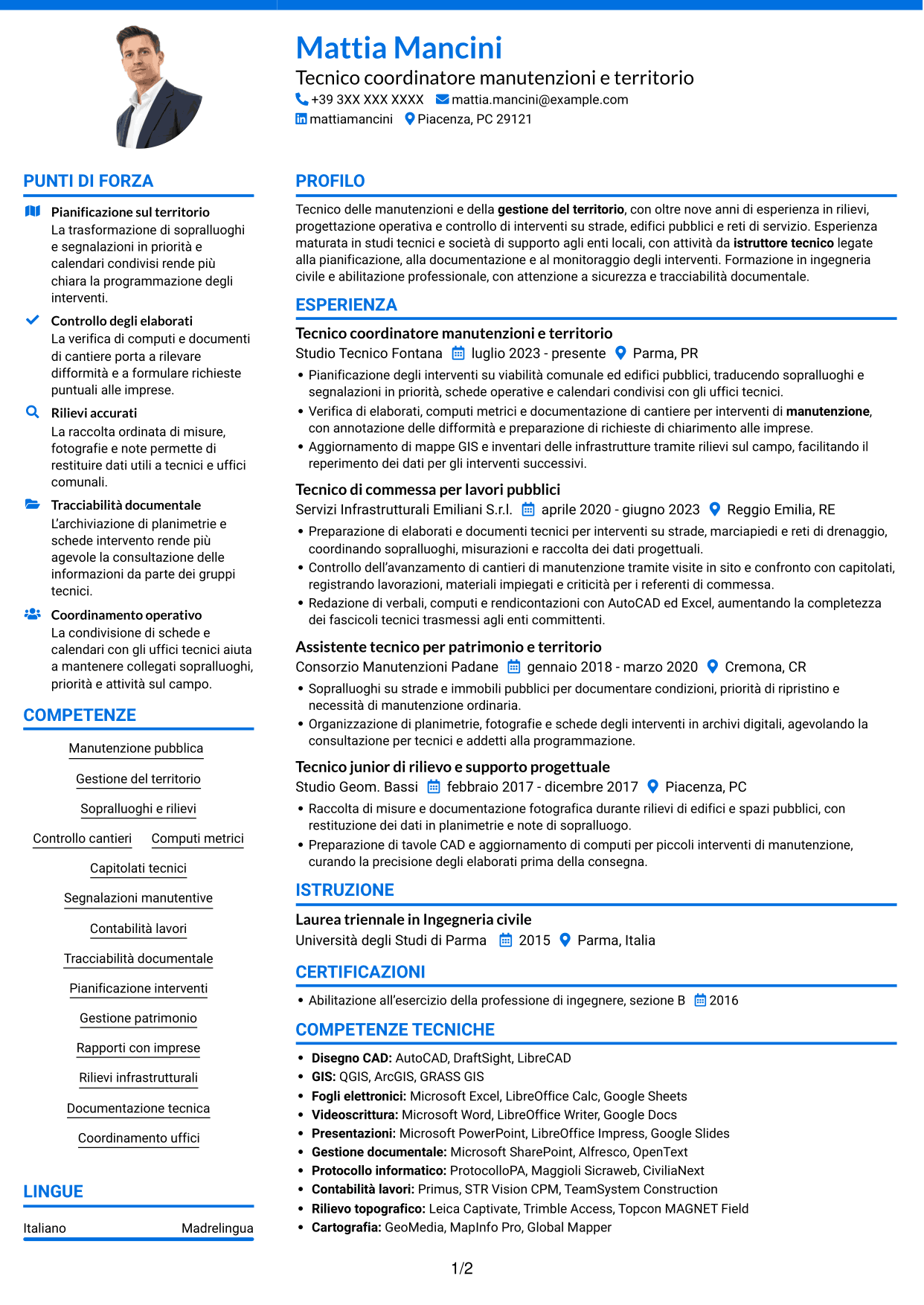 CV Audace (formato a due colonne con accenti colorati e foto): Istruttore tecnico - Manutenzioni e gestione del territorio, pagina 1