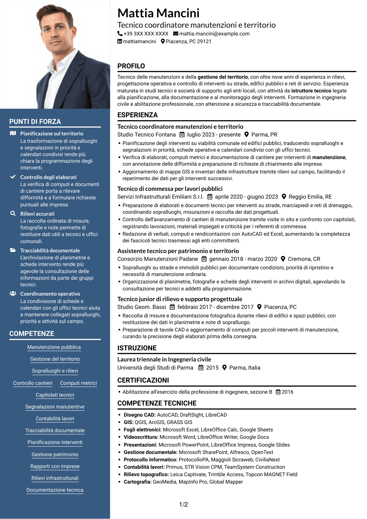 CV Signature (formato con colonna laterale colorata e foto grande): Istruttore tecnico - Manutenzioni e gestione del territorio, pagina 1