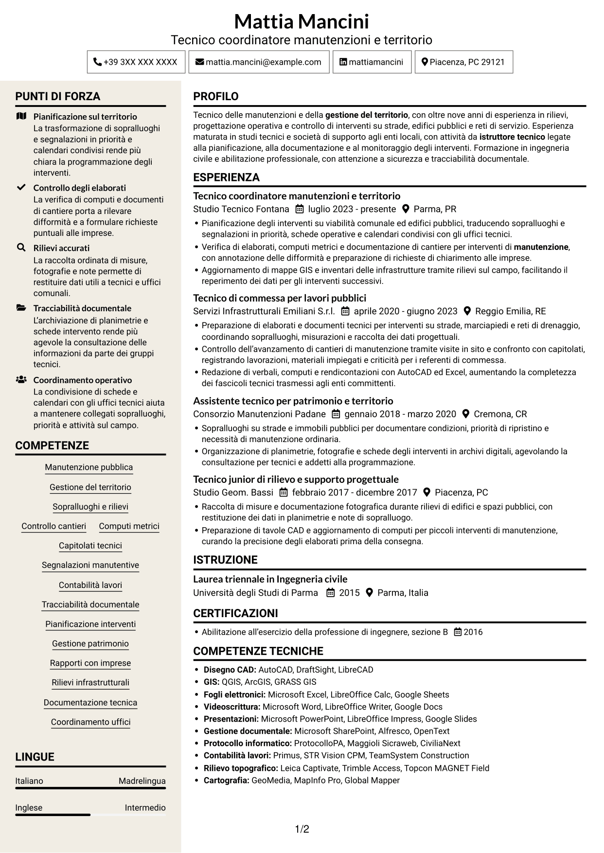 CV Intraprendente (formato a due colonne con intestazione centrata senza foto): Istruttore tecnico - Manutenzioni e gestione del territorio, pagina 1