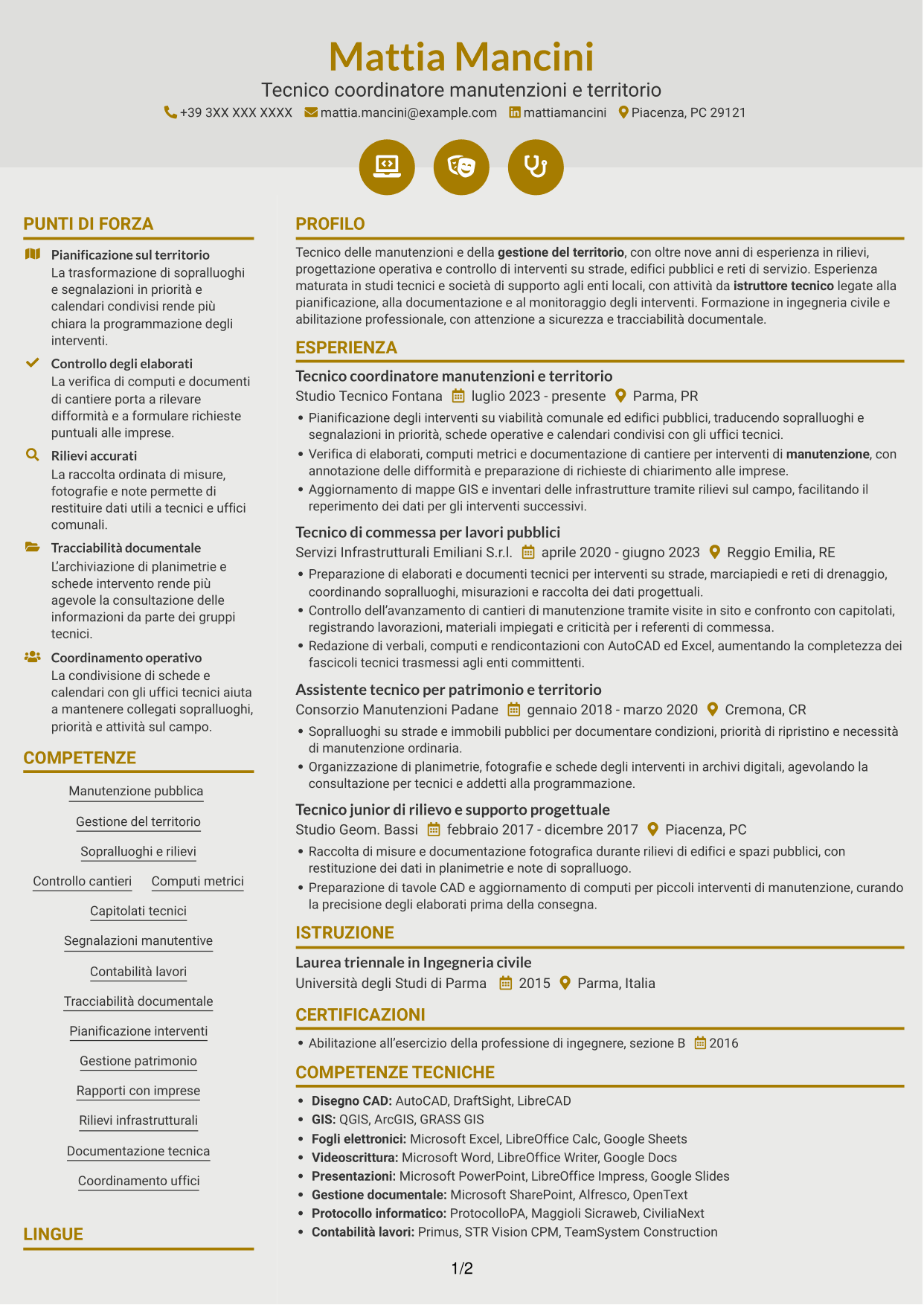 CV Dinamico (formato a due colonne con icone): Istruttore tecnico - Manutenzioni e gestione del territorio, pagina 1