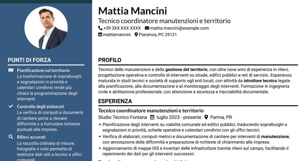 7 modelli di CV per Istruttore tecnico - Manutenzioni e gestione del territorio, con esempi