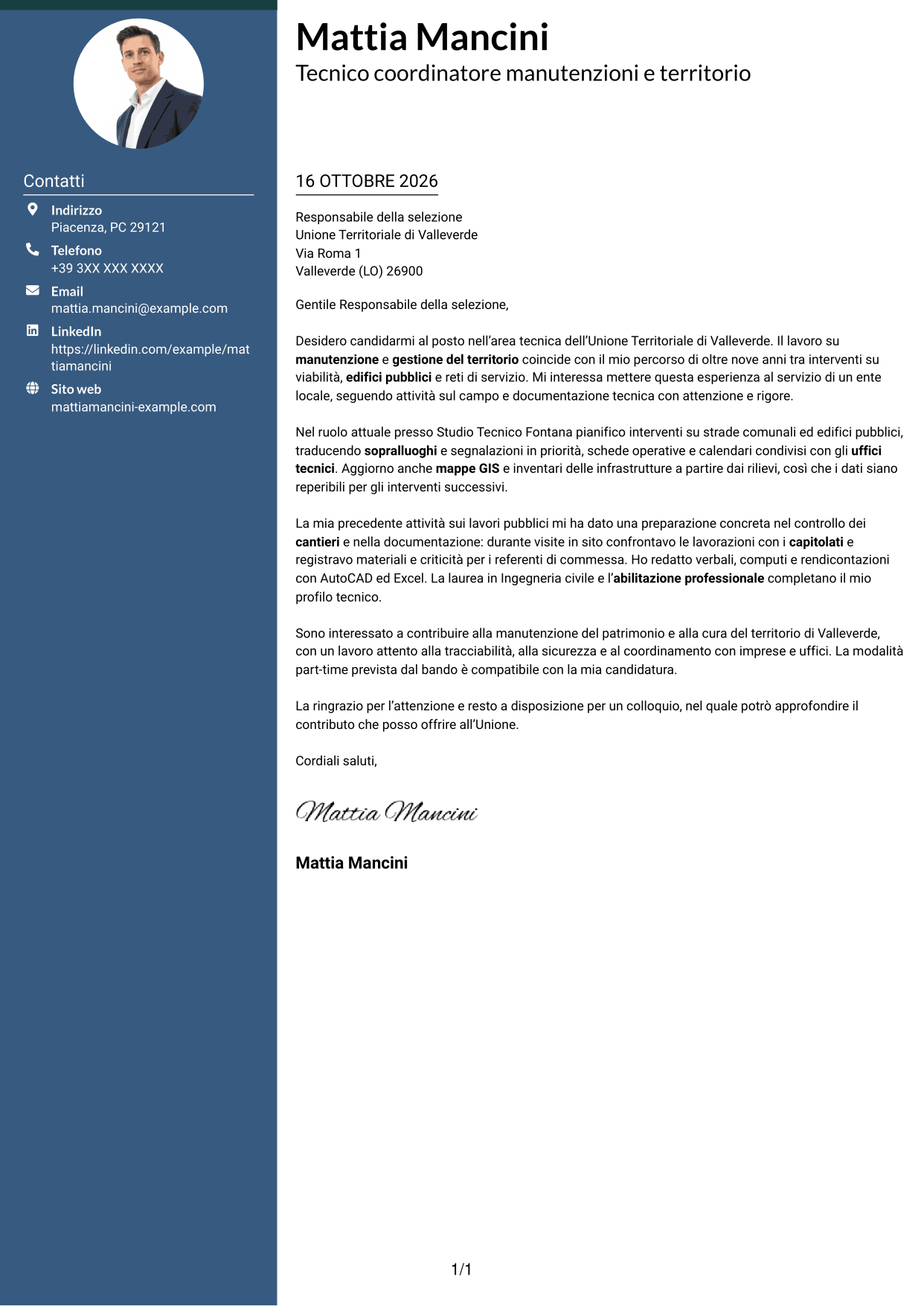 Lettera di presentazione Elegante (formato con colonna laterale colorata e foto): Istruttore tecnico - Manutenzioni e gestione del territorio, pagina 1