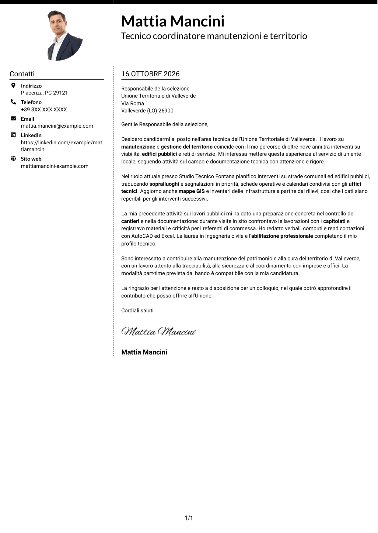 Lettera di presentazione Moderno (formato a due colonne con foto a sinistra e separatore): Istruttore tecnico - Manutenzioni e gestione del territorio, pagina 1