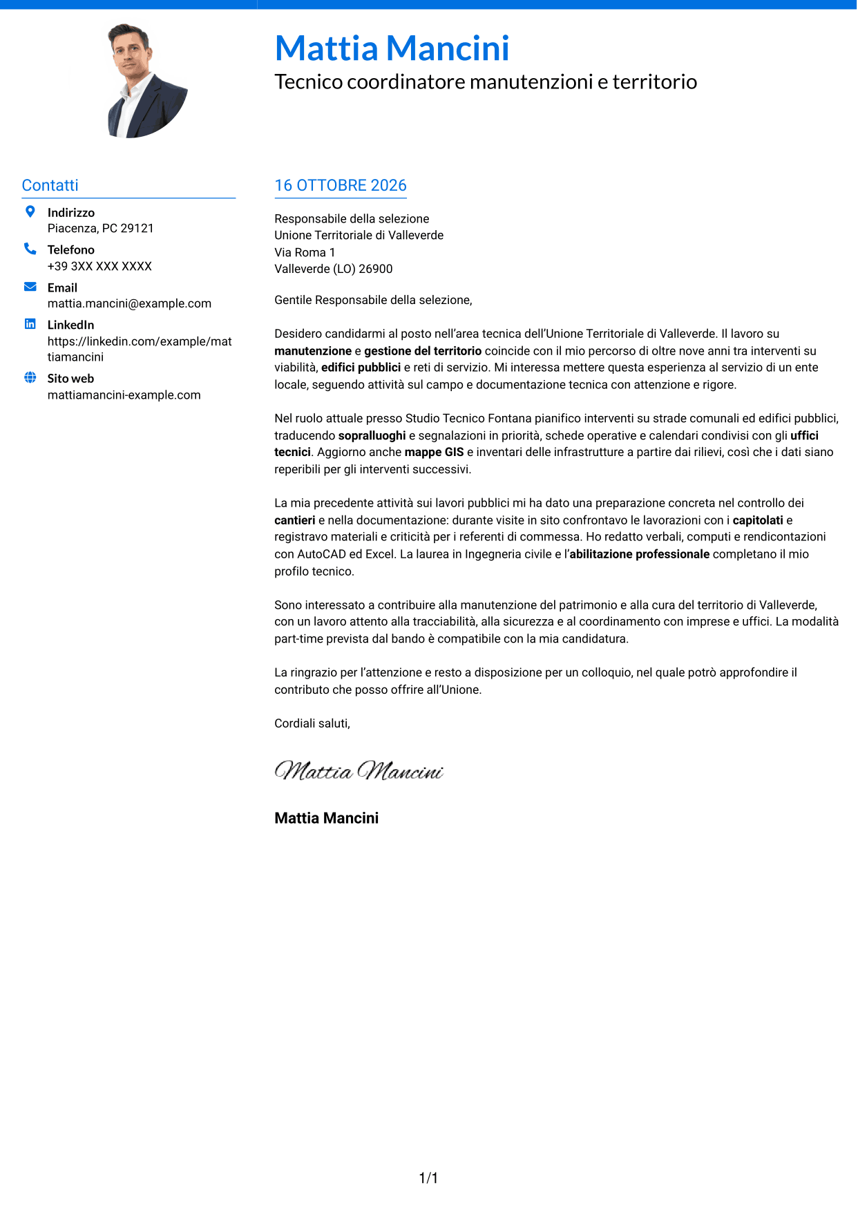 Lettera di presentazione Audace (formato a due colonne con accenti colorati e foto): Istruttore tecnico - Manutenzioni e gestione del territorio, pagina 1