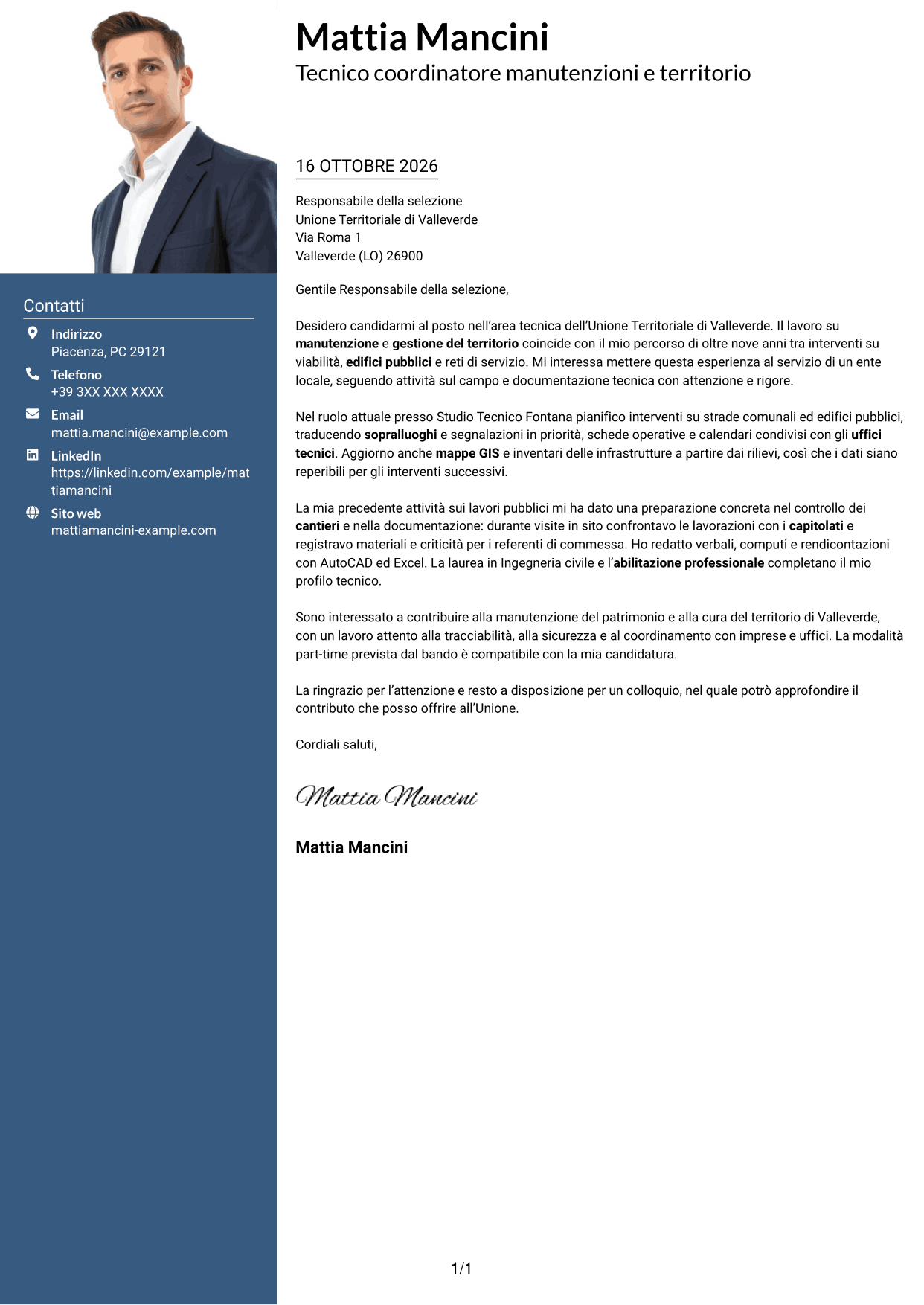 Lettera di presentazione Signature (formato con colonna laterale colorata e foto grande): Istruttore tecnico - Manutenzioni e gestione del territorio, pagina 1