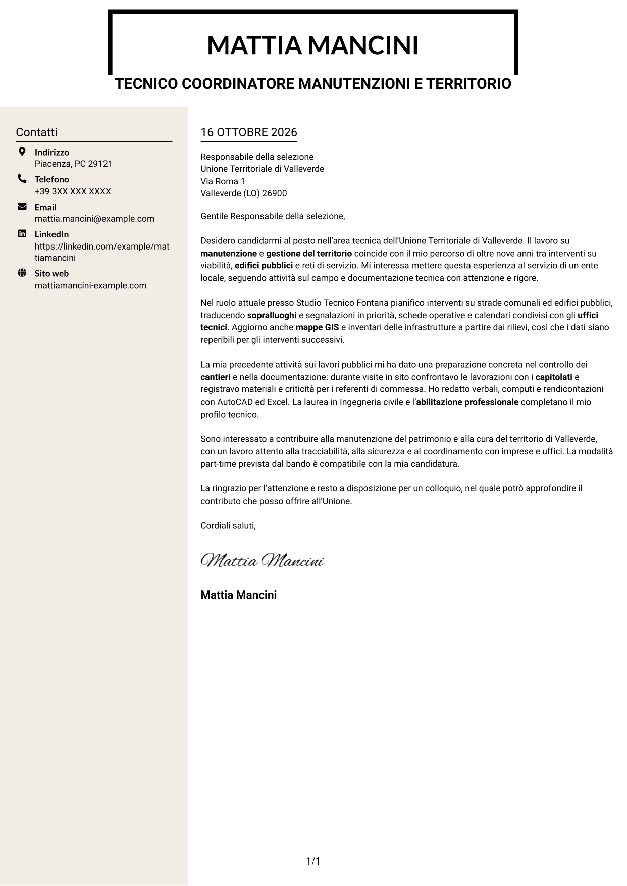 Lettera di presentazione Intraprendente (formato a due colonne con intestazione centrata senza foto): Istruttore tecnico - Manutenzioni e gestione del territorio, pagina 1
