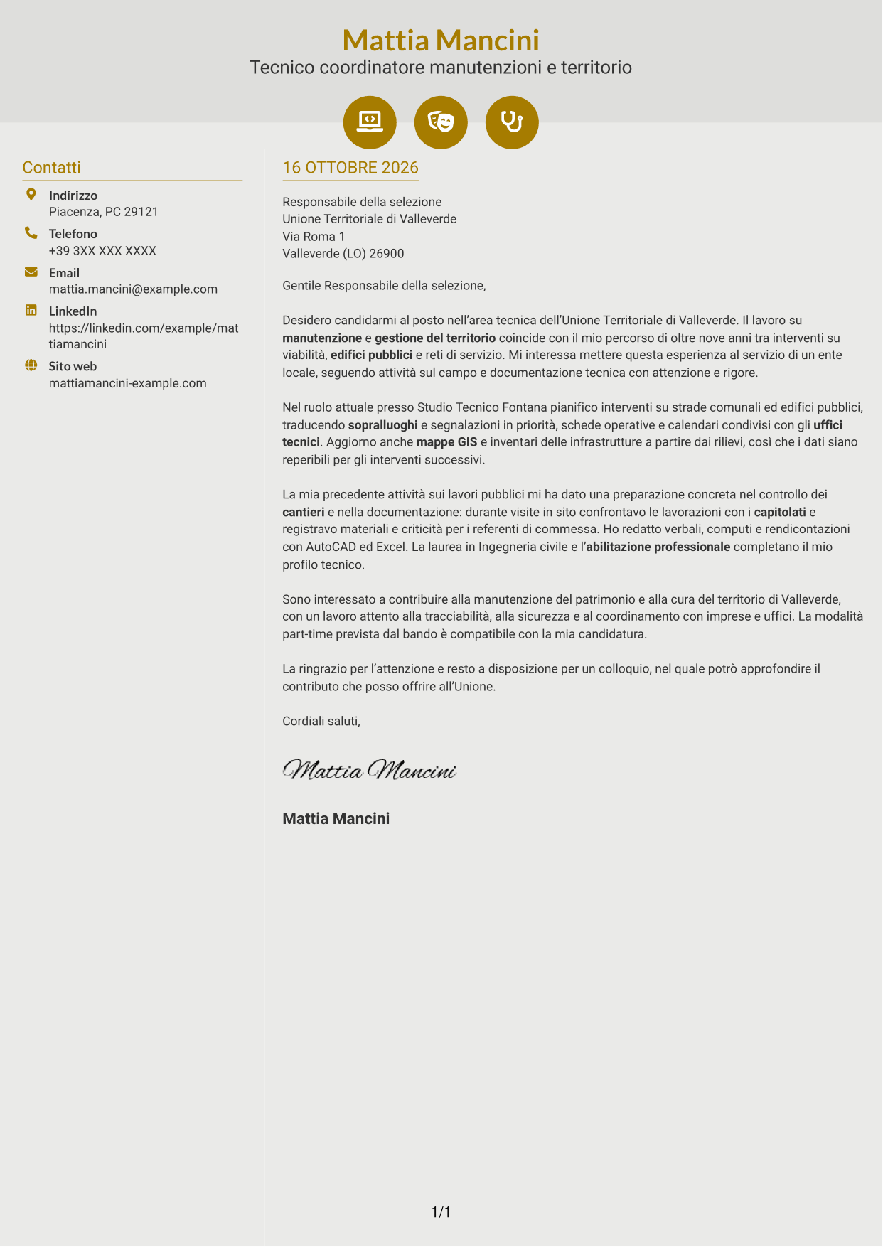 Lettera di presentazione Dinamico (formato a due colonne con icone): Istruttore tecnico - Manutenzioni e gestione del territorio, pagina 1