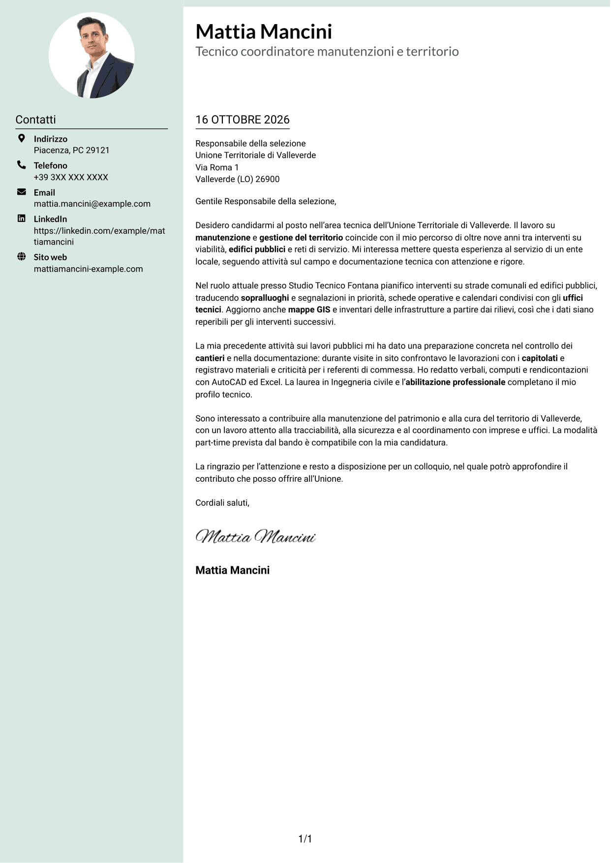 Lettera di presentazione Dirigente (formato con colonna laterale tenue e foto arrotondata): Istruttore tecnico - Manutenzioni e gestione del territorio, pagina 1