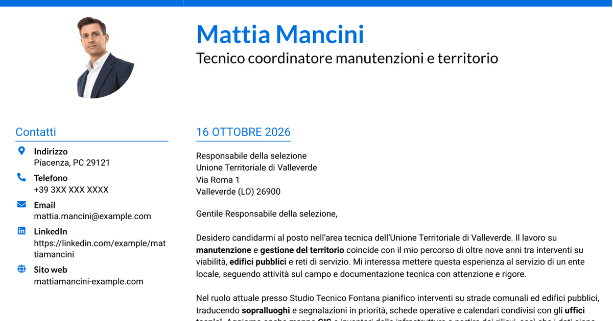 7 modelli di lettera di presentazione per Istruttore tecnico - Manutenzioni e gestione del territorio, con esempi